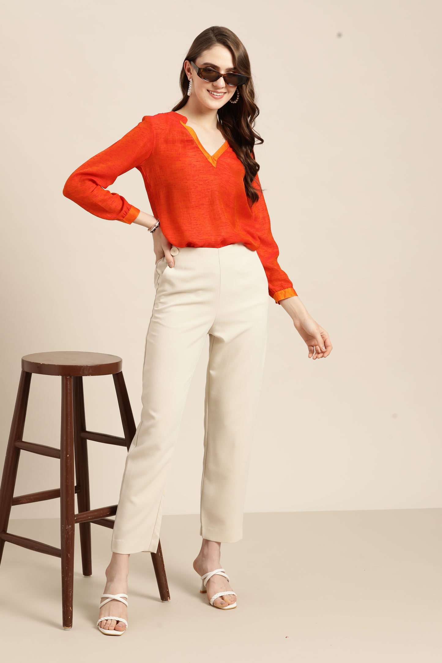 Solid Dark Orange Regular Fit V Neck Three Quarter Silk Top