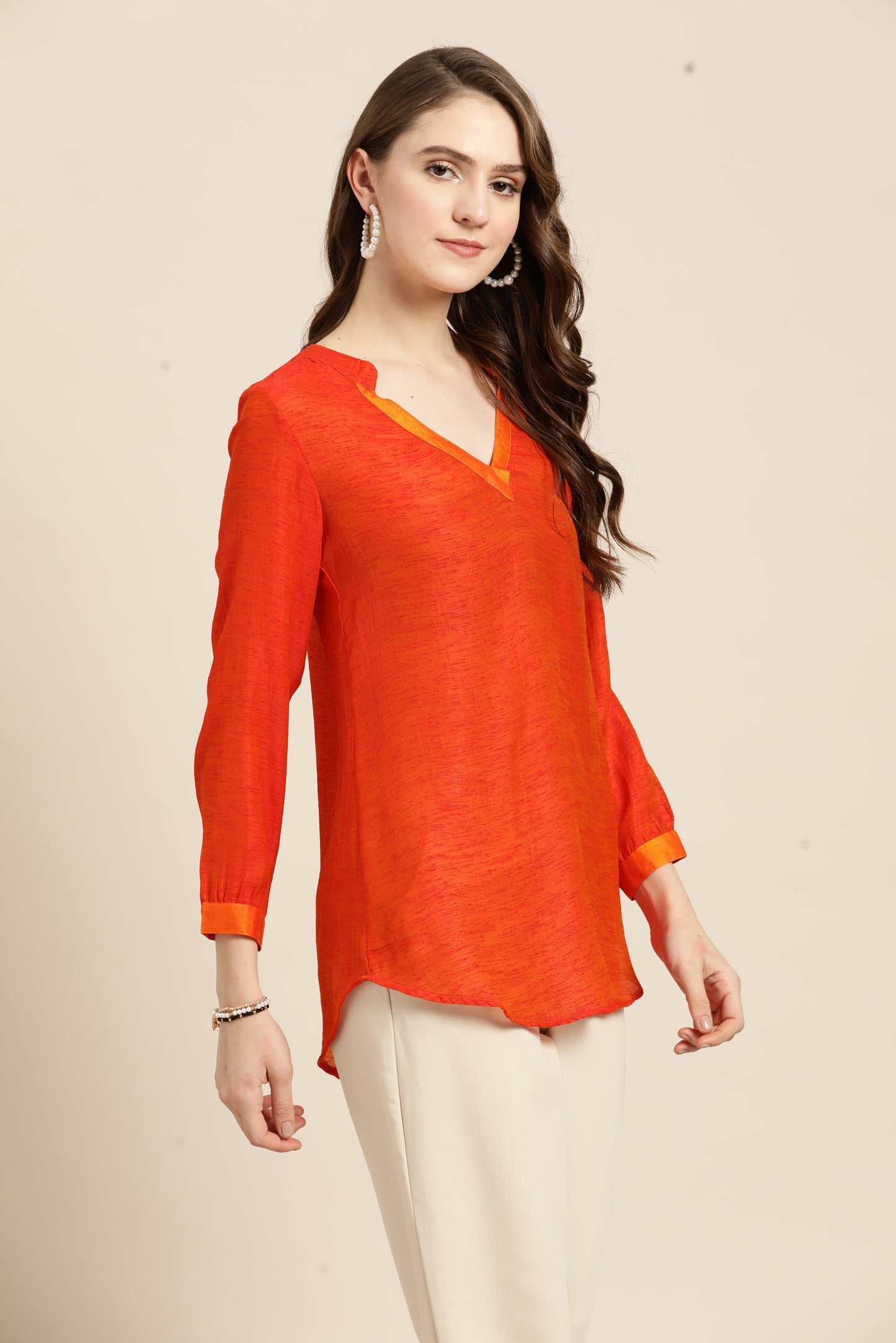 Solid Dark Orange Regular Fit V Neck Three Quarter Silk Top