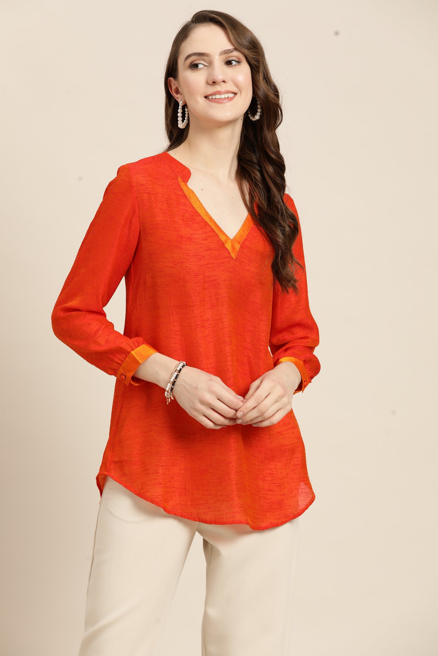 Solid Dark Orange Regular Fit V Neck Three Quarter Silk Top