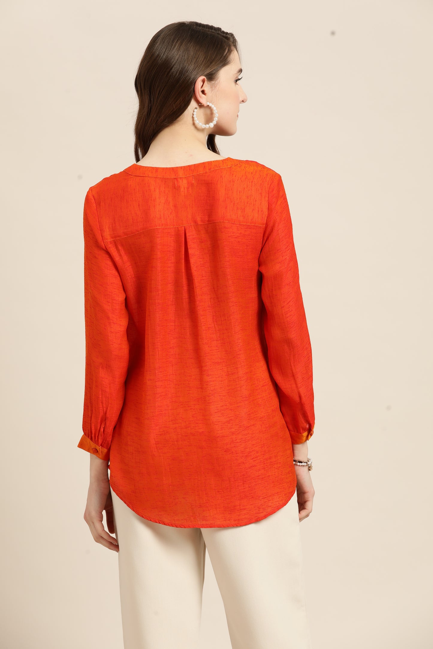 Solid Dark Orange Regular Fit V Neck Three Quarter Silk Top