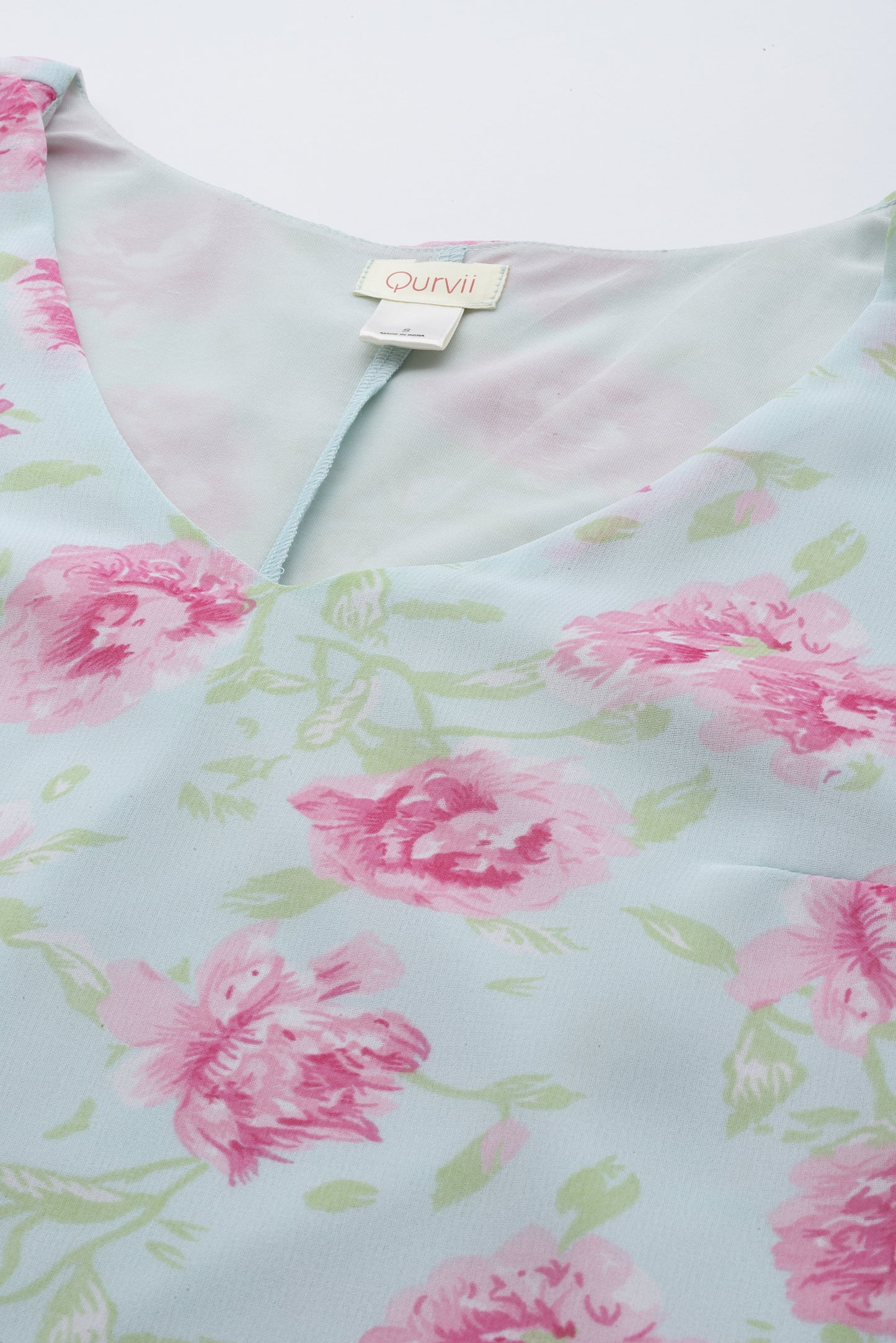 Pastels Print Floral Light Mint Green Regular Fit V Neck Three Quarter Georgette Dress
