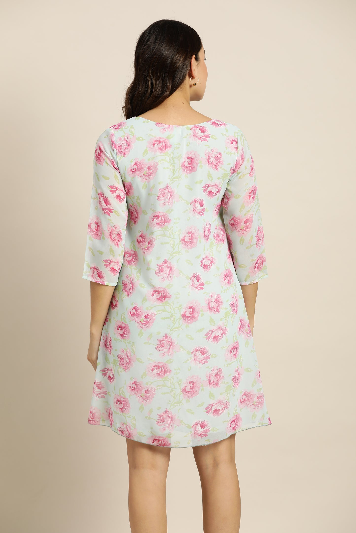 Pastels Print Floral Light Mint Green Regular Fit V Neck Three Quarter Georgette Dress