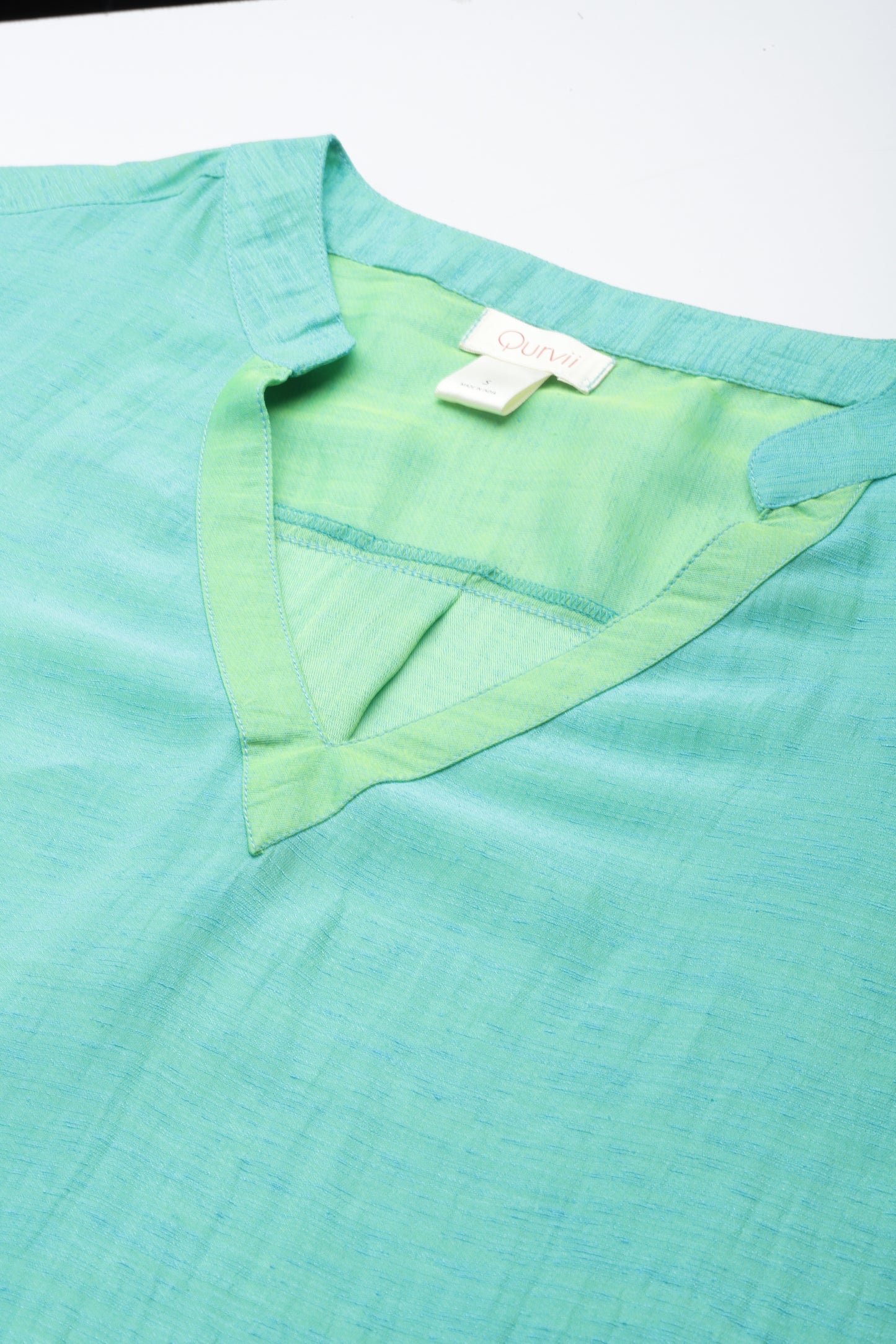 Solid Print Pastels Light Turquoise Regular Fit V Neck Three Quarter Silk Top