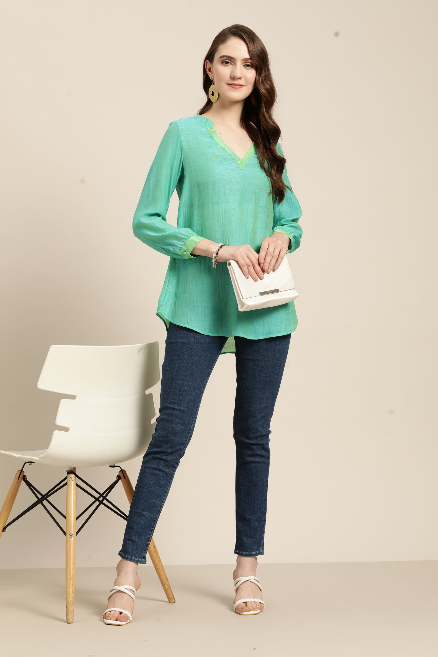 Solid Print Pastels Light Turquoise Regular Fit V Neck Three Quarter Silk Top