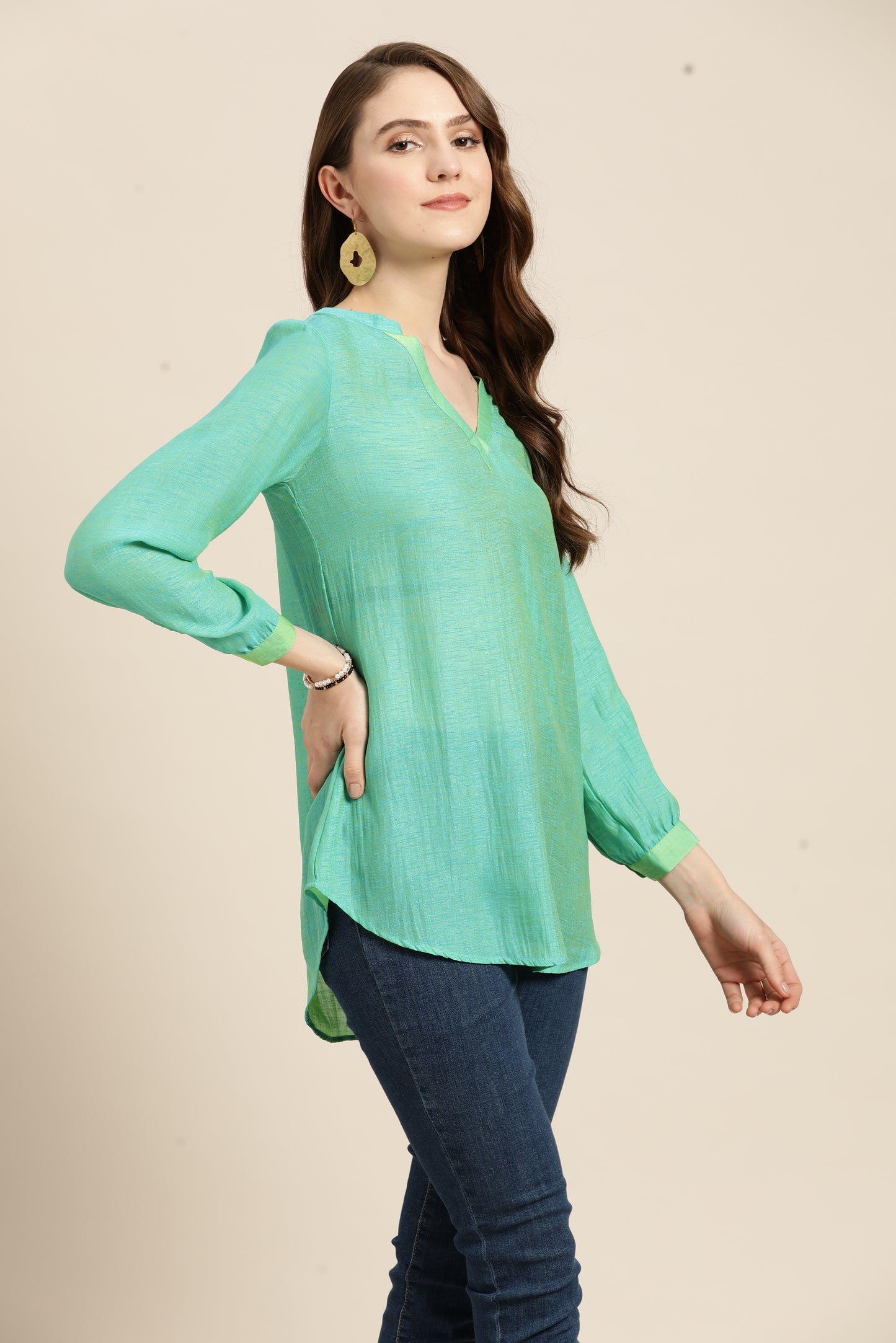 Solid Print Pastels Light Turquoise Regular Fit V Neck Three Quarter Silk Top