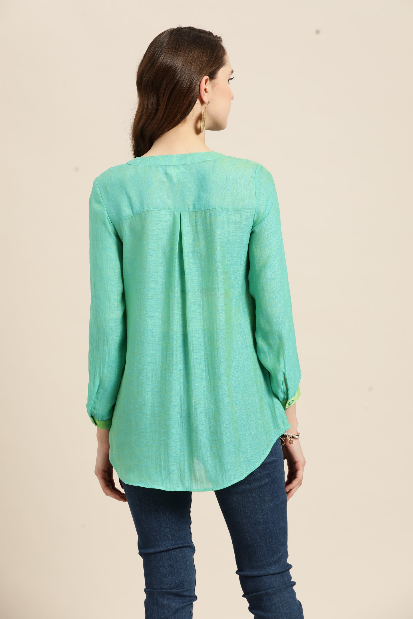 Solid Print Pastels Light Turquoise Regular Fit V Neck Three Quarter Silk Top