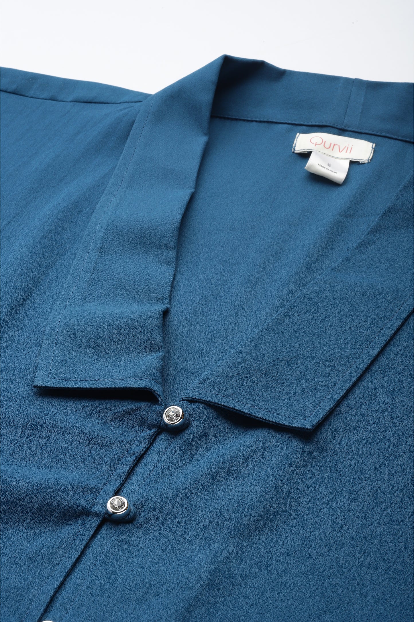 Solid Dark Teal Regular Fit Button Front Full Moss Crepe Top