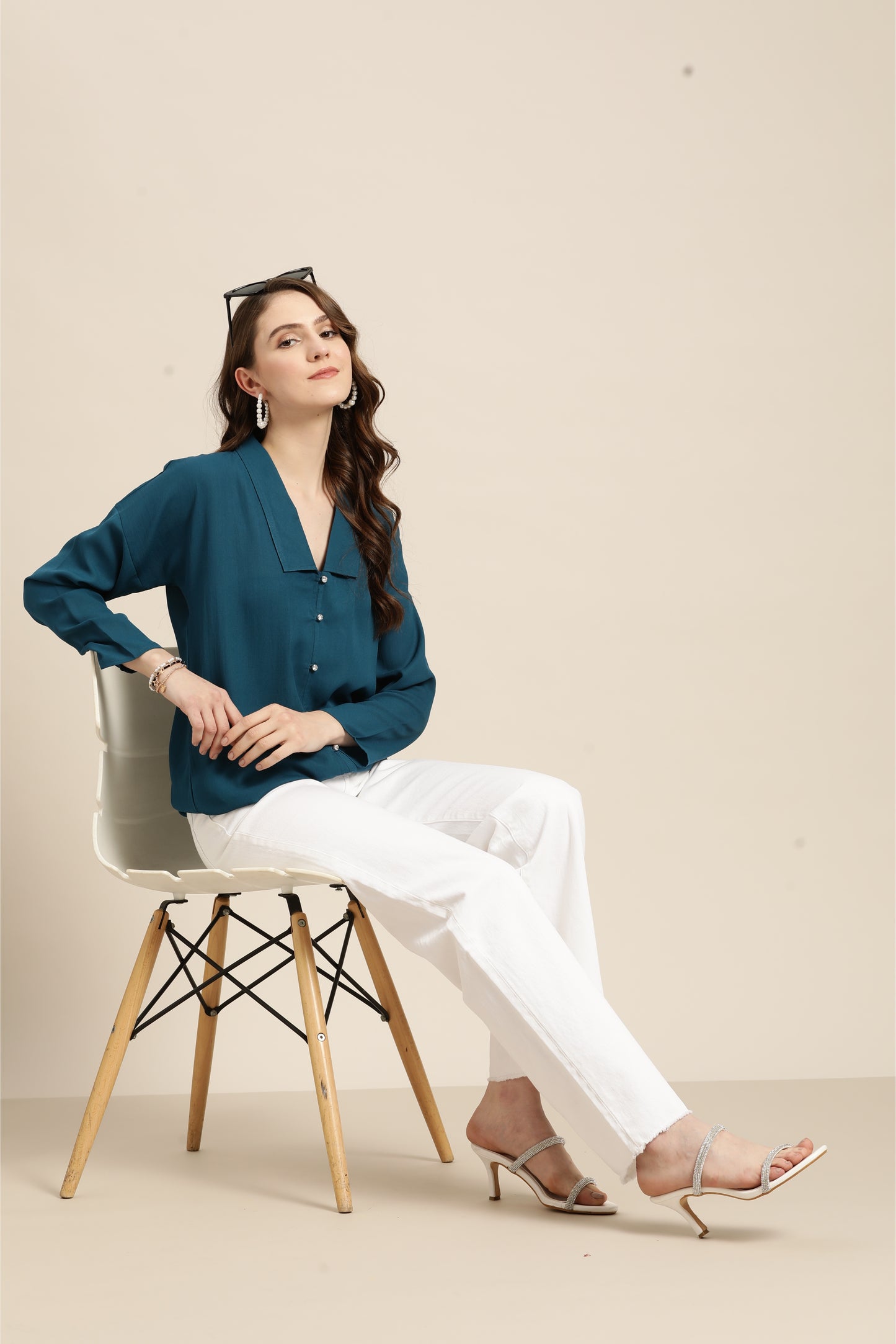 Solid Dark Teal Regular Fit Button Front Full Moss Crepe Top