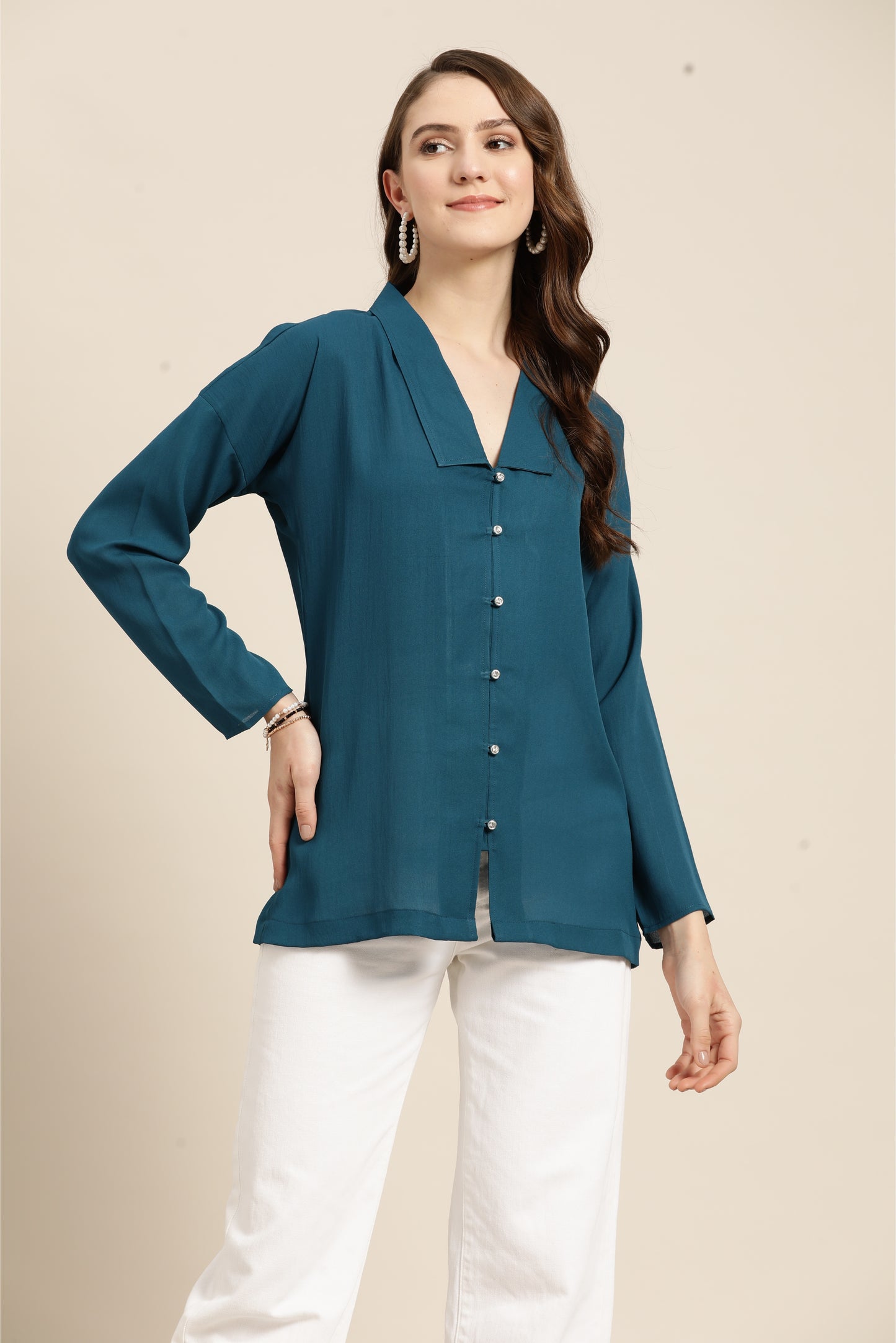 Solid Dark Teal Regular Fit Button Front Full Moss Crepe Top