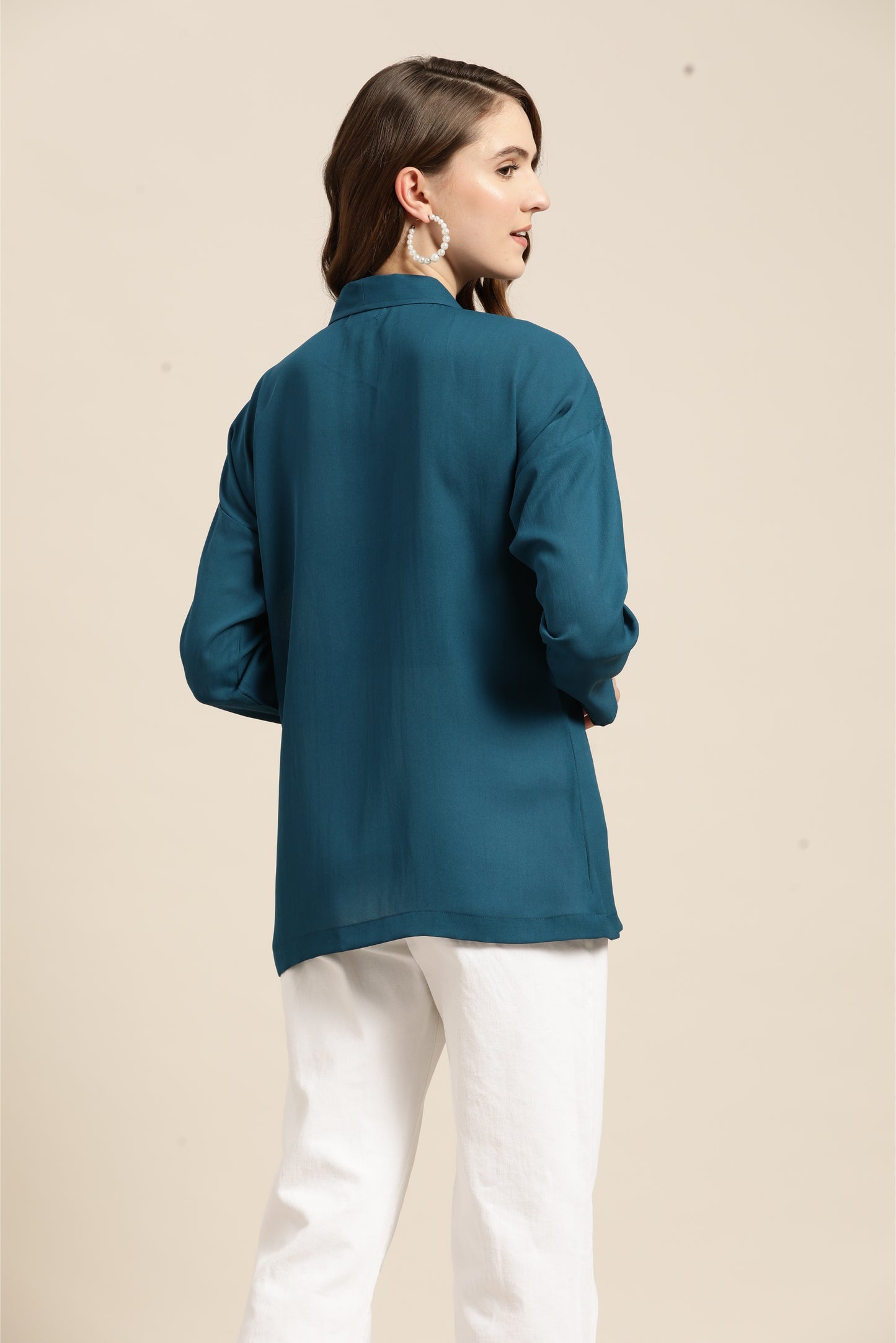 Solid Dark Teal Regular Fit Button Front Full Moss Crepe Top
