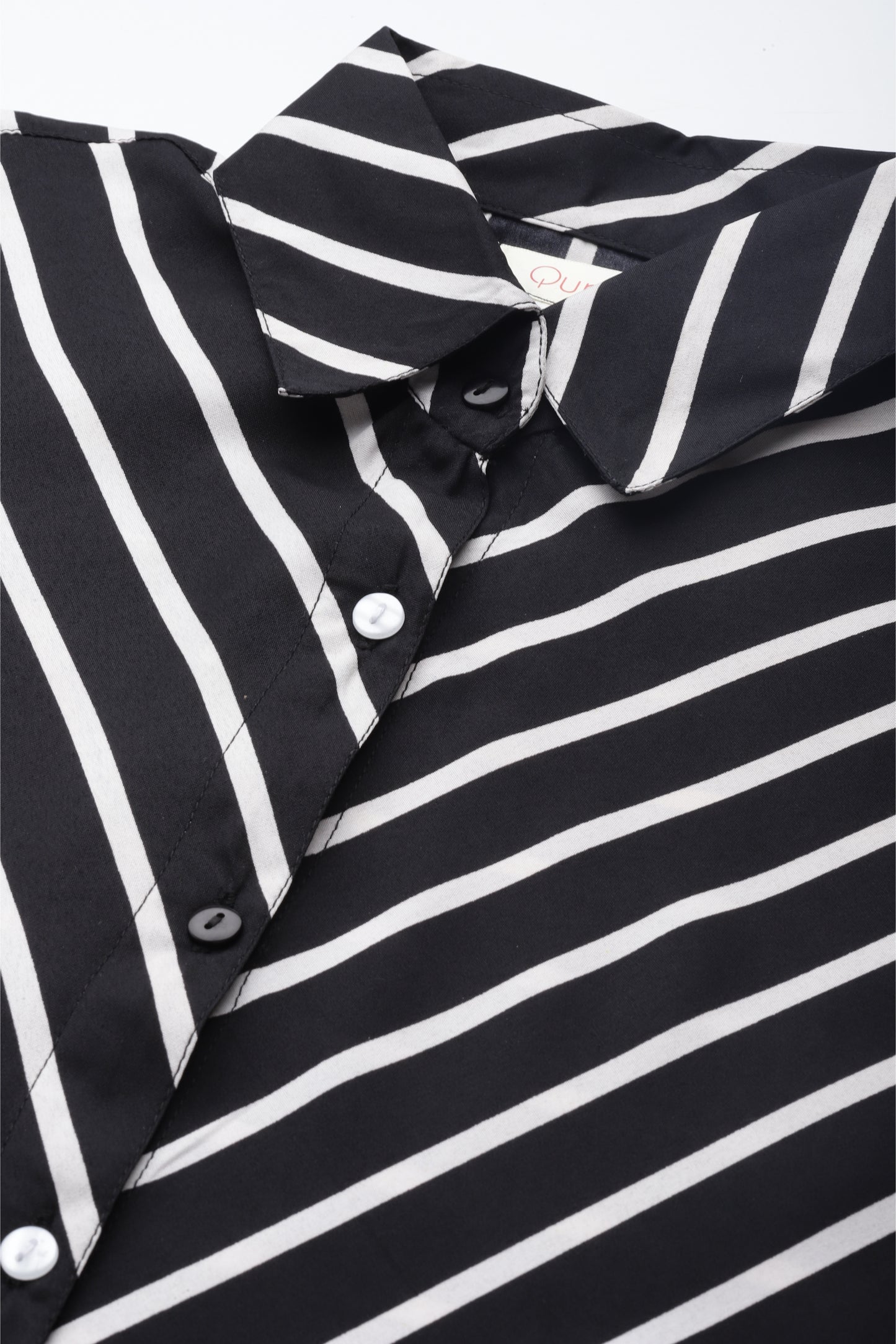 Stripe Dark Black Regular Fit Button Front Full Cuff Sleeve Crepe Shirt