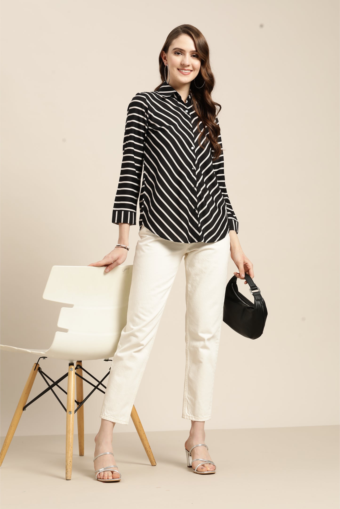 Stripe Dark Black Regular Fit Button Front Full Cuff Sleeve Crepe Shirt