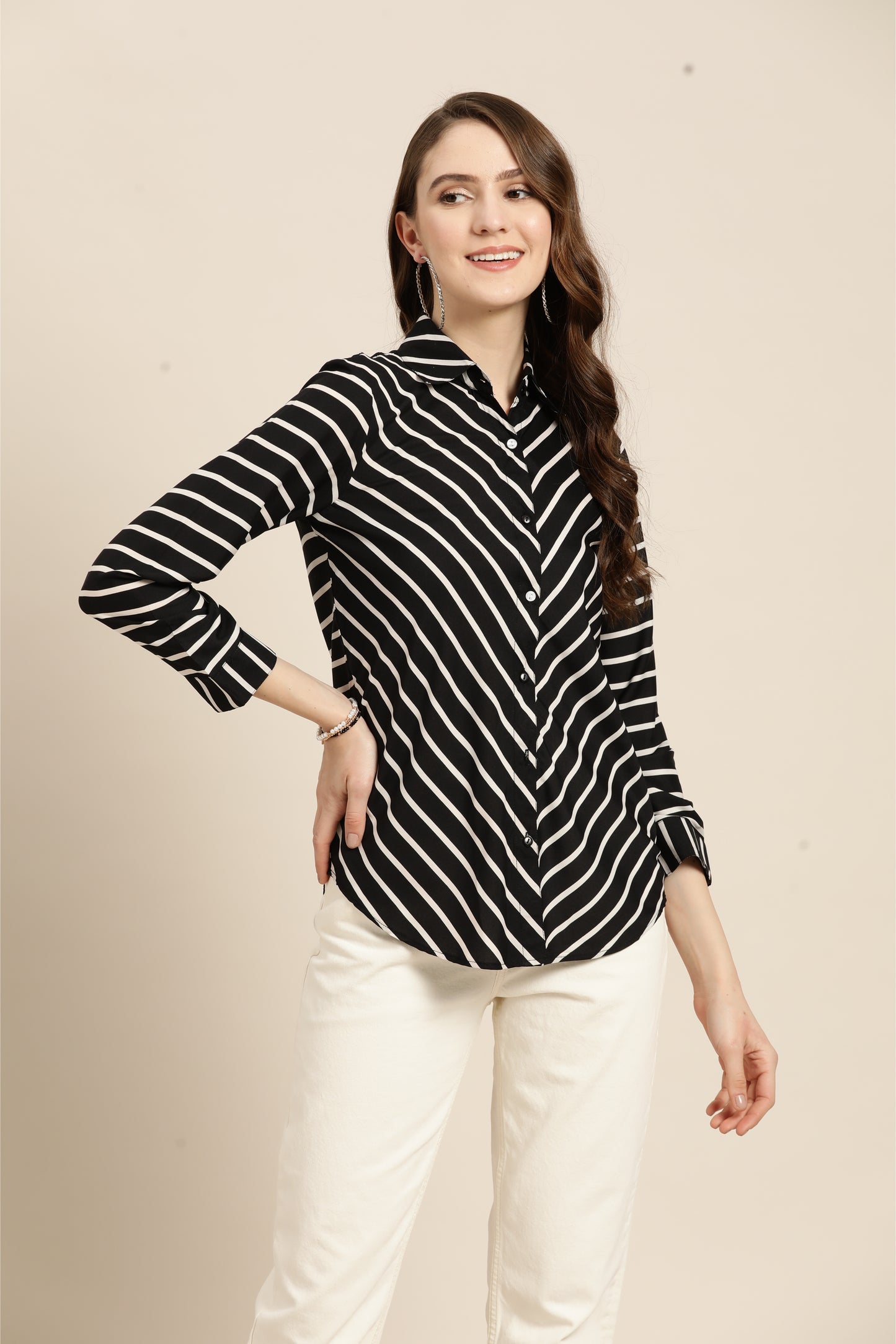 Stripe Dark Black Regular Fit Button Front Full Cuff Sleeve Crepe Shirt