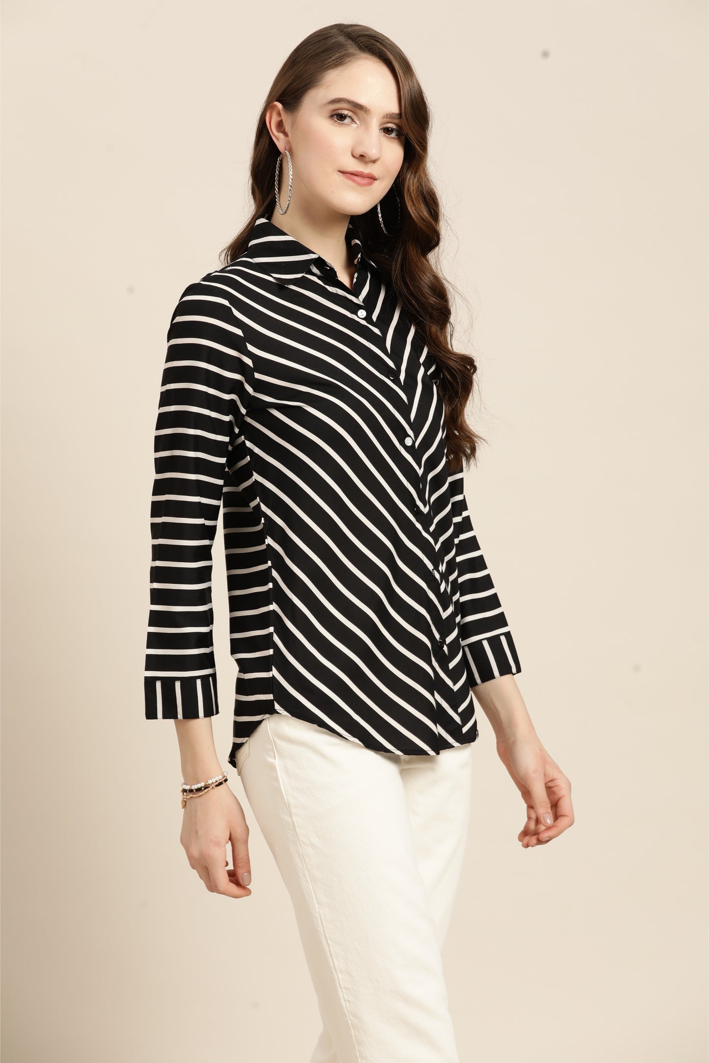 Stripe Dark Black Regular Fit Button Front Full Cuff Sleeve Crepe Shirt