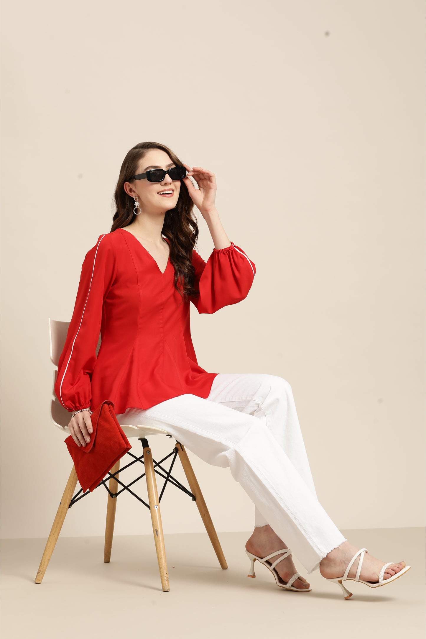 Solid Dark Red Regular Fit V Neck Full Crepe Top