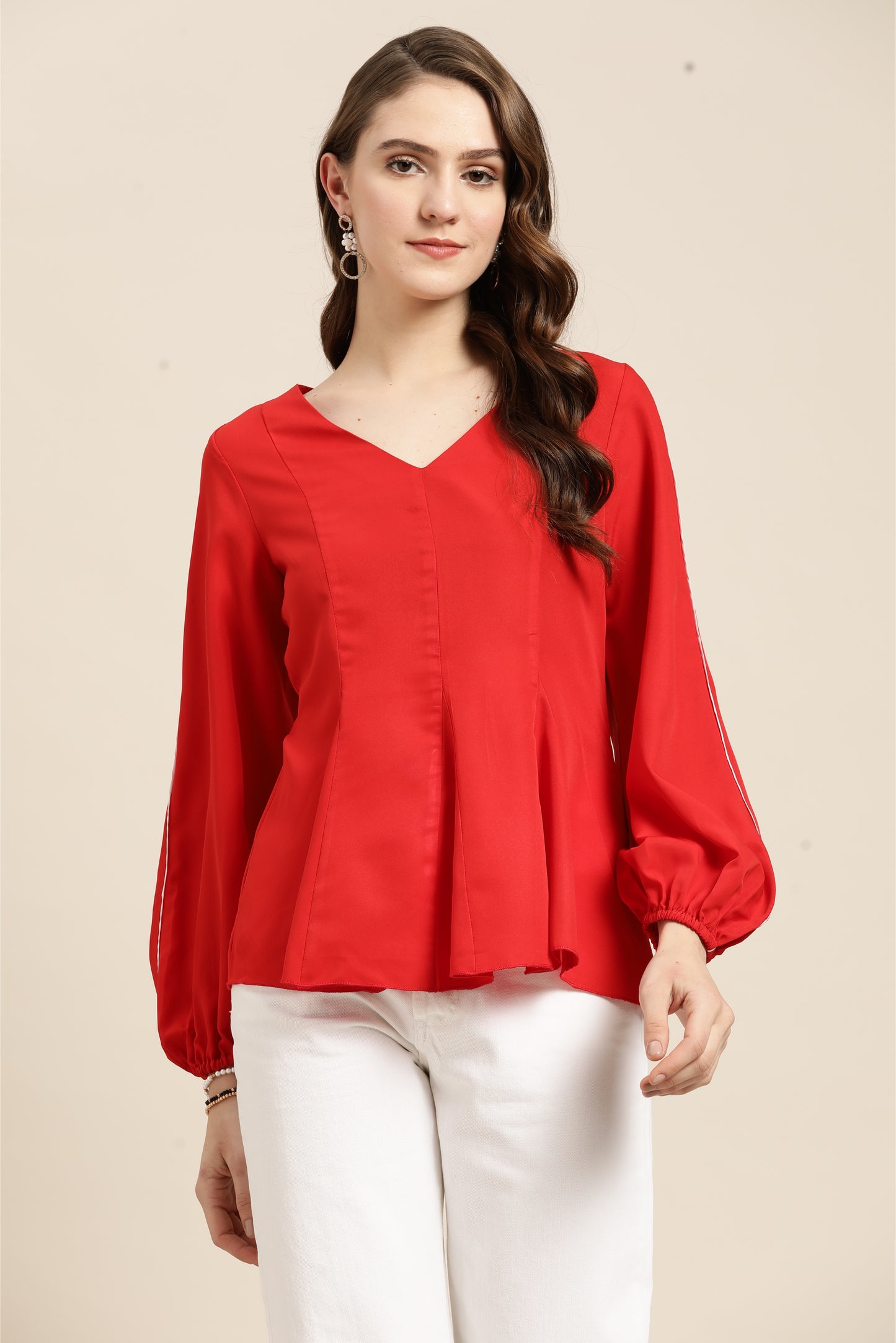 Solid Dark Red Regular Fit V Neck Full Crepe Top