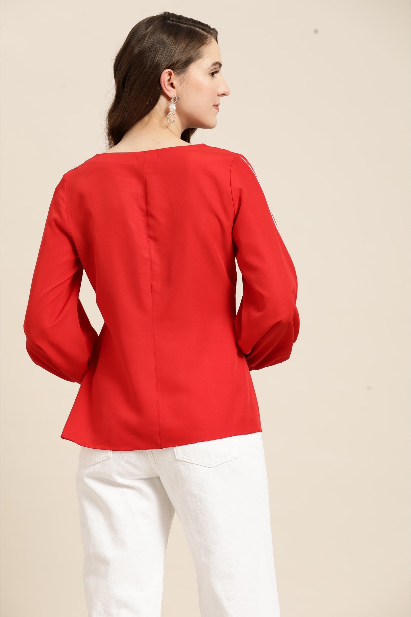 Solid Dark Red Regular Fit V Neck Full Crepe Top
