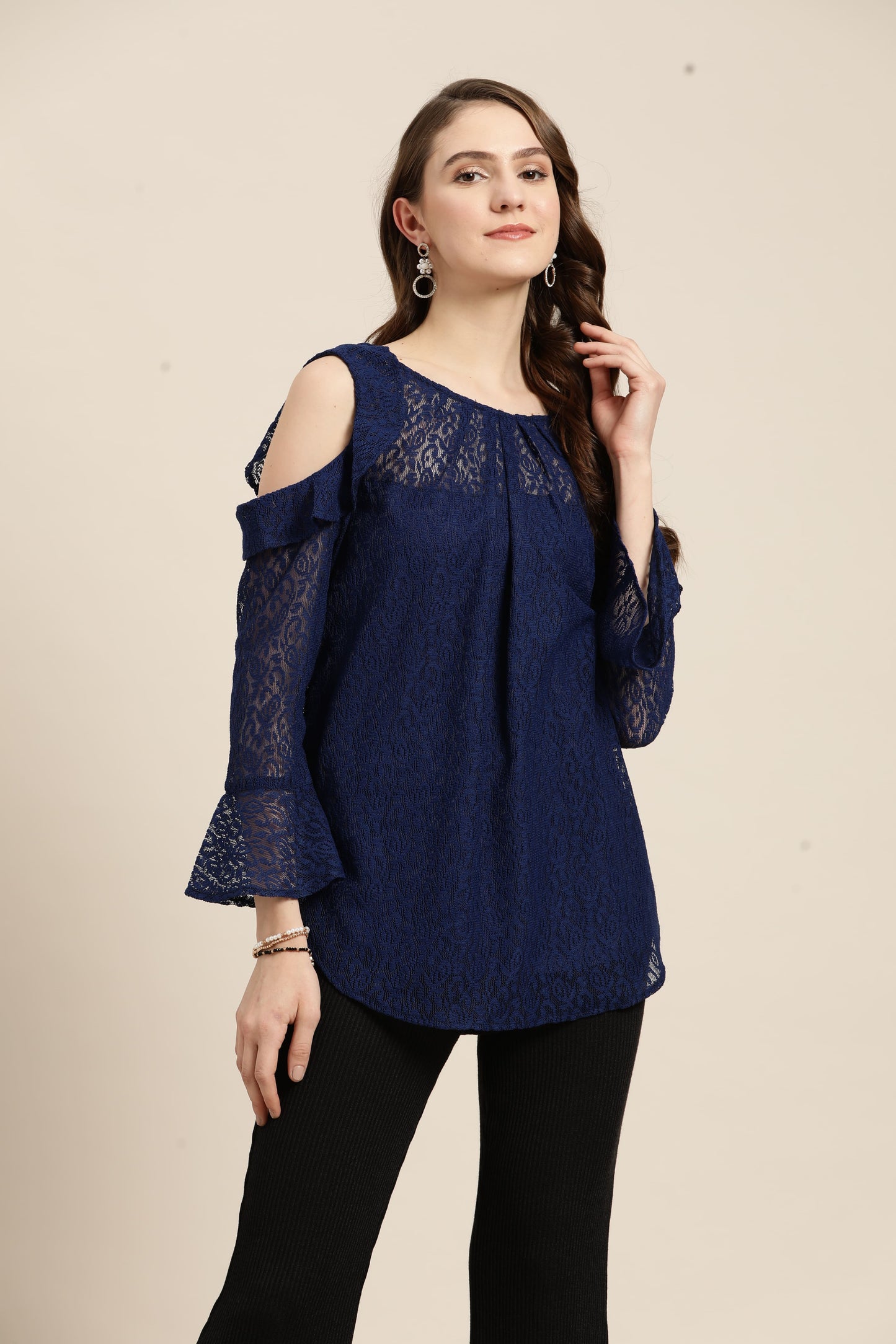 Solid Print Floral Dark Navy Regular Fit Round Neck Full Bell Sleeve Crepe Top