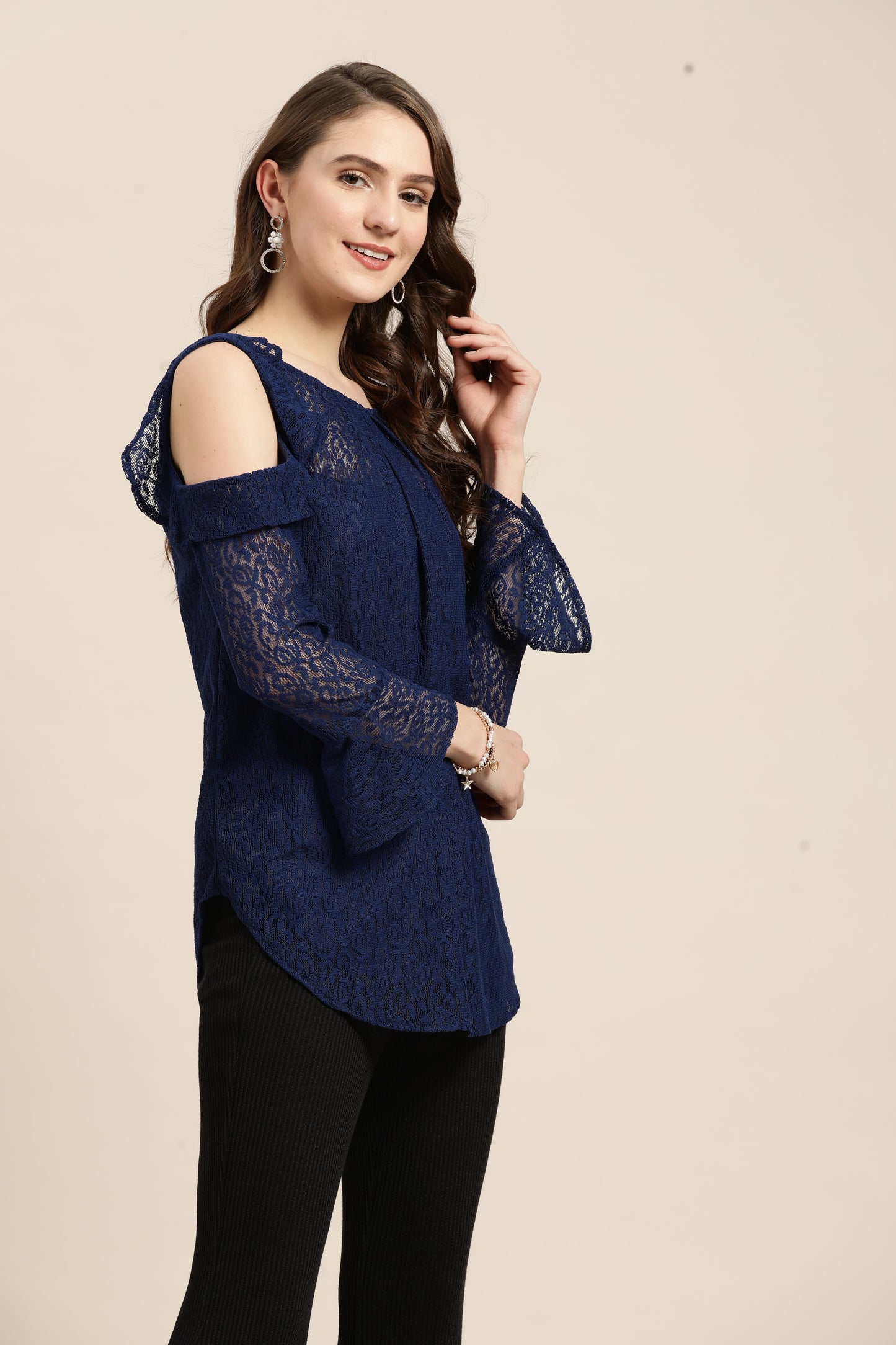 Solid Print Floral Dark Navy Regular Fit Round Neck Full Bell Sleeve Crepe Top