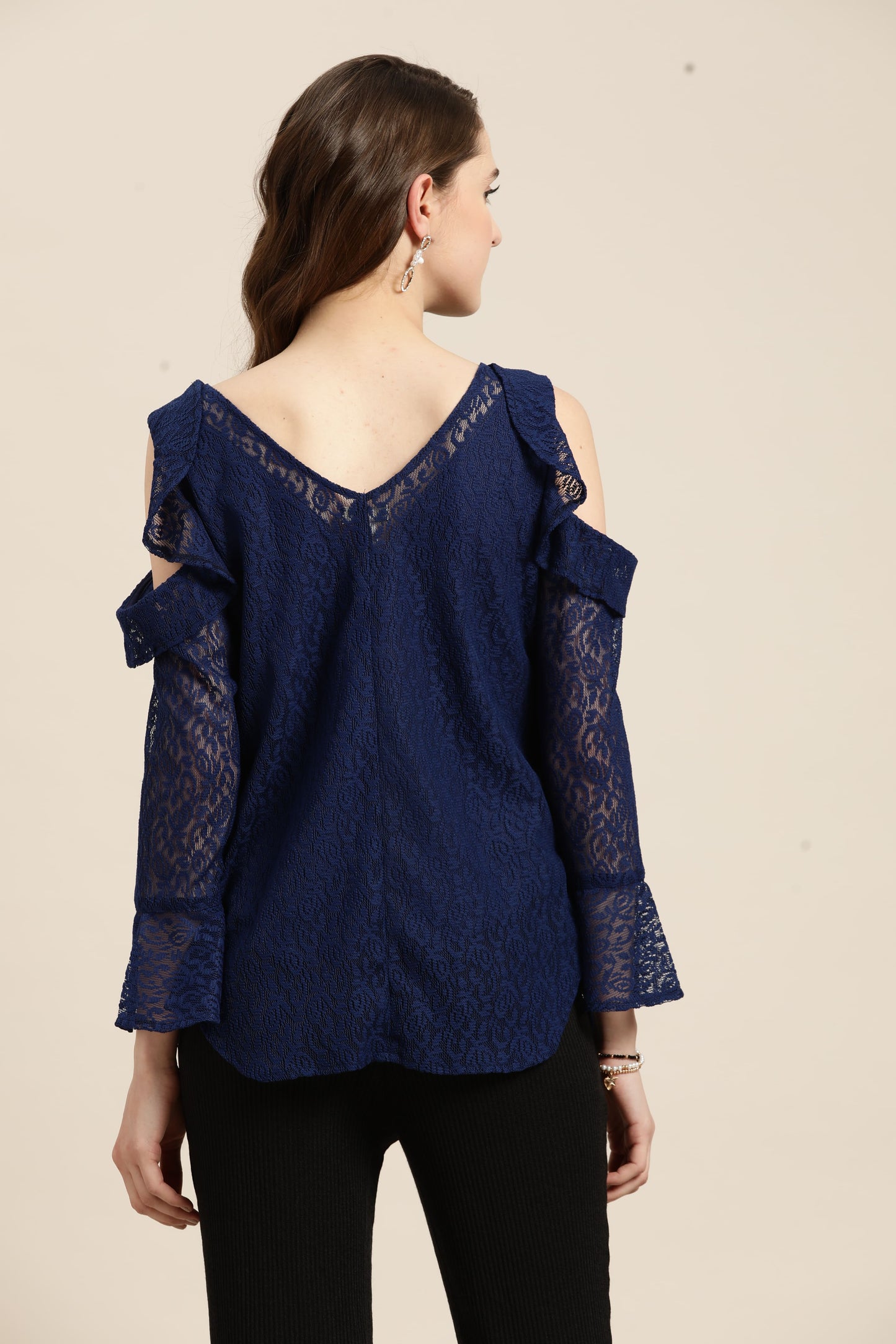 Solid Print Floral Dark Navy Regular Fit Round Neck Full Bell Sleeve Crepe Top