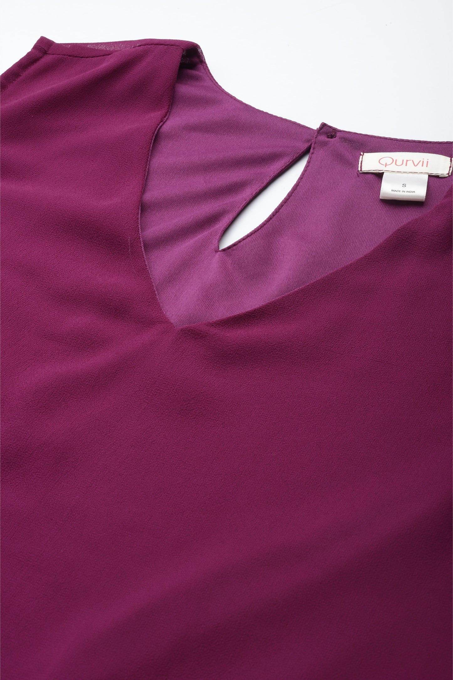 Solid Dark Purple Regular Fit V Neck Three Quarter Bell Sleeve Georgette Top