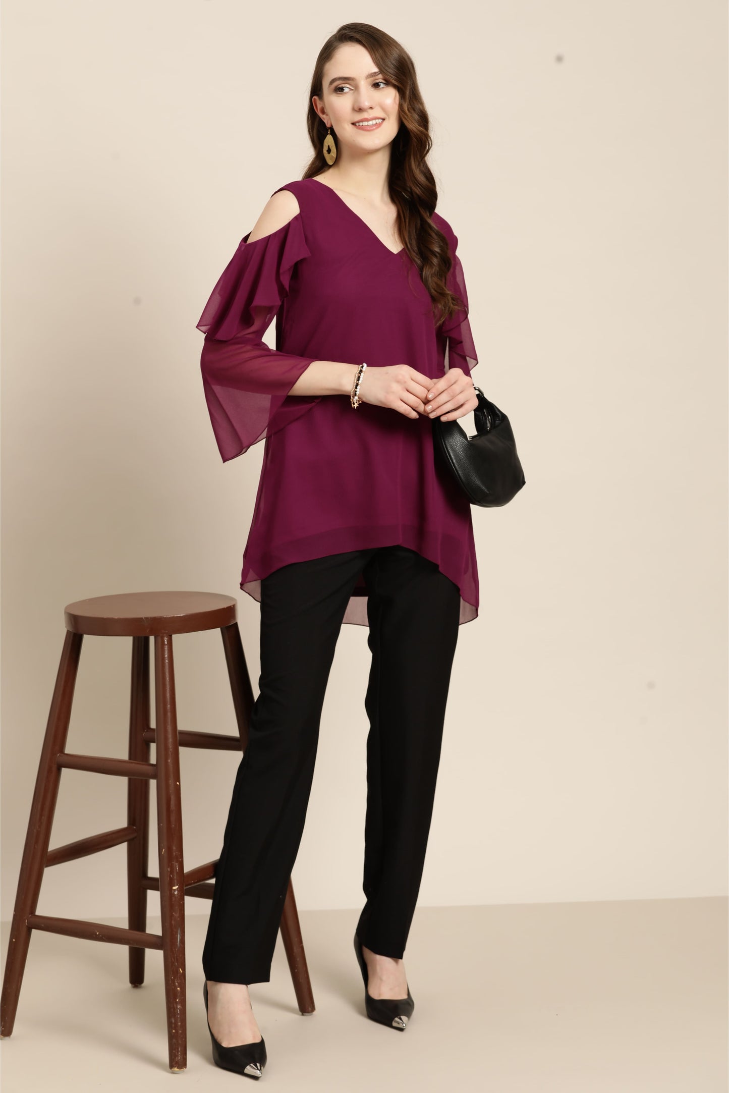 Solid Dark Purple Regular Fit V Neck Three Quarter Bell Sleeve Georgette Top
