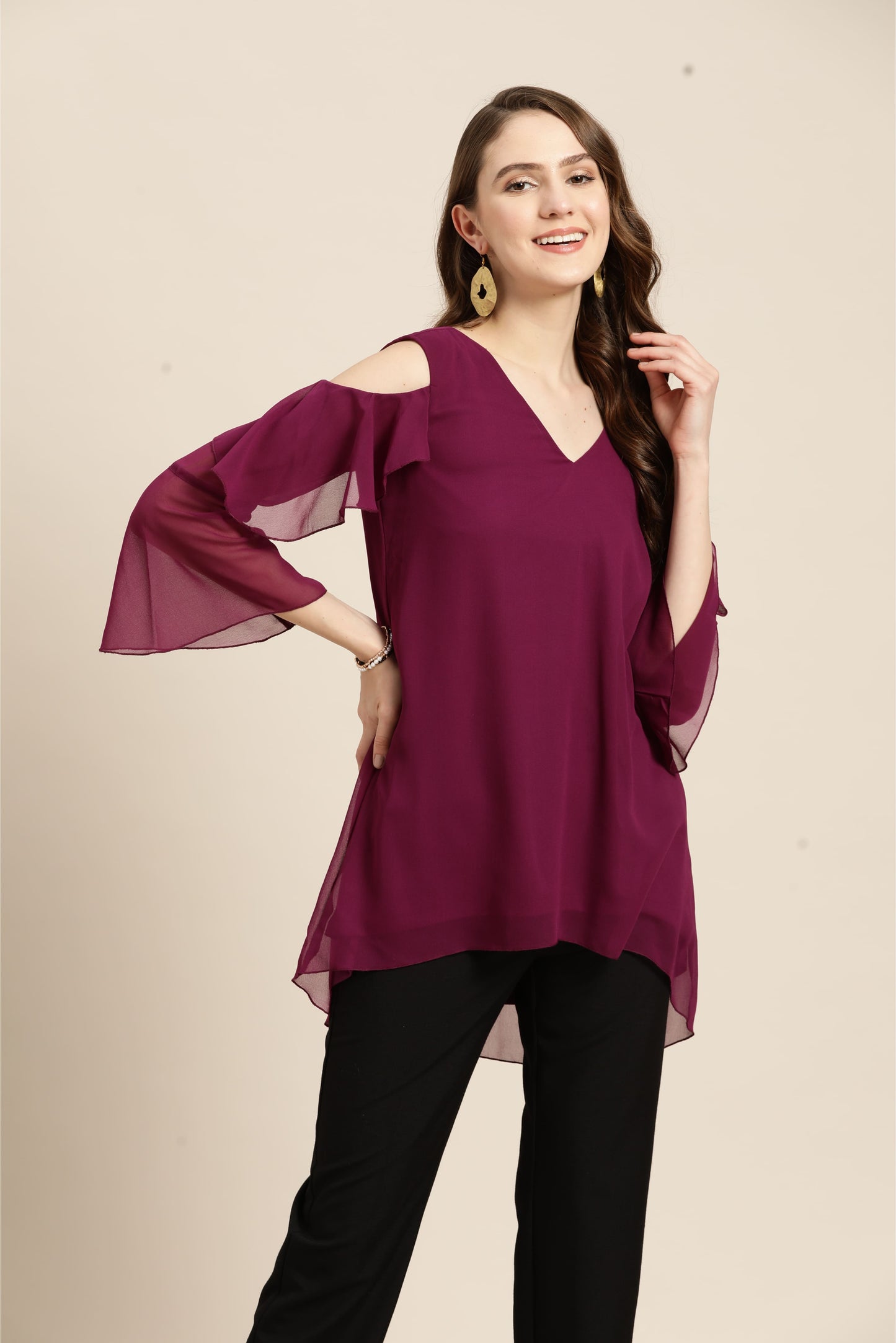 Solid Dark Purple Regular Fit V Neck Three Quarter Bell Sleeve Georgette Top