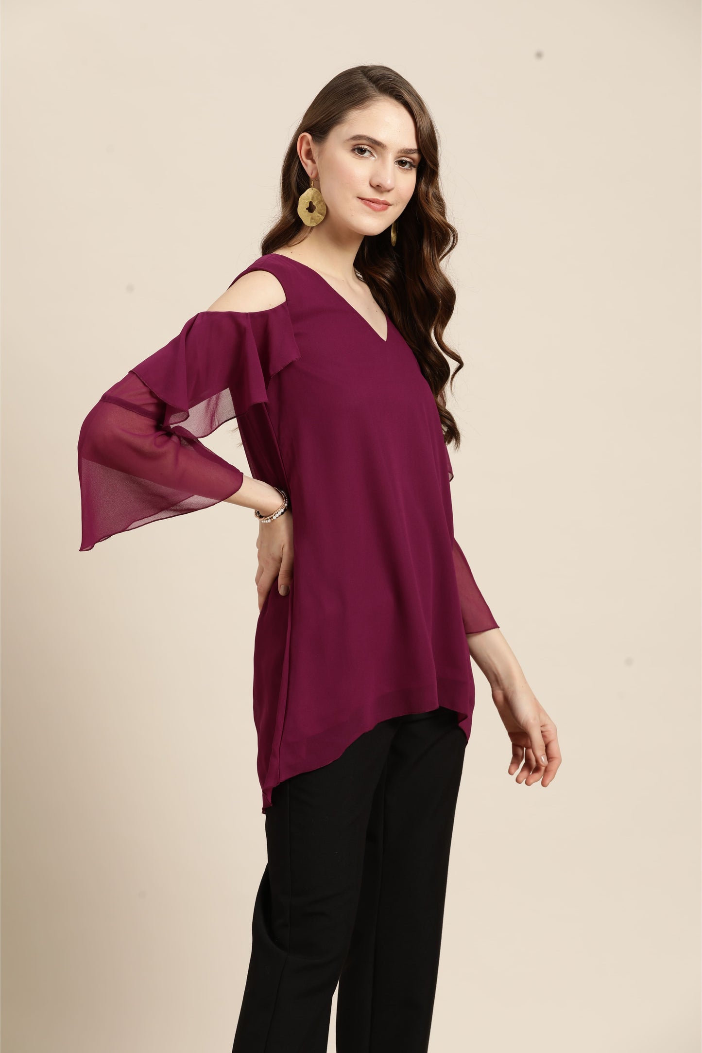 Solid Dark Purple Regular Fit V Neck Three Quarter Bell Sleeve Georgette Top