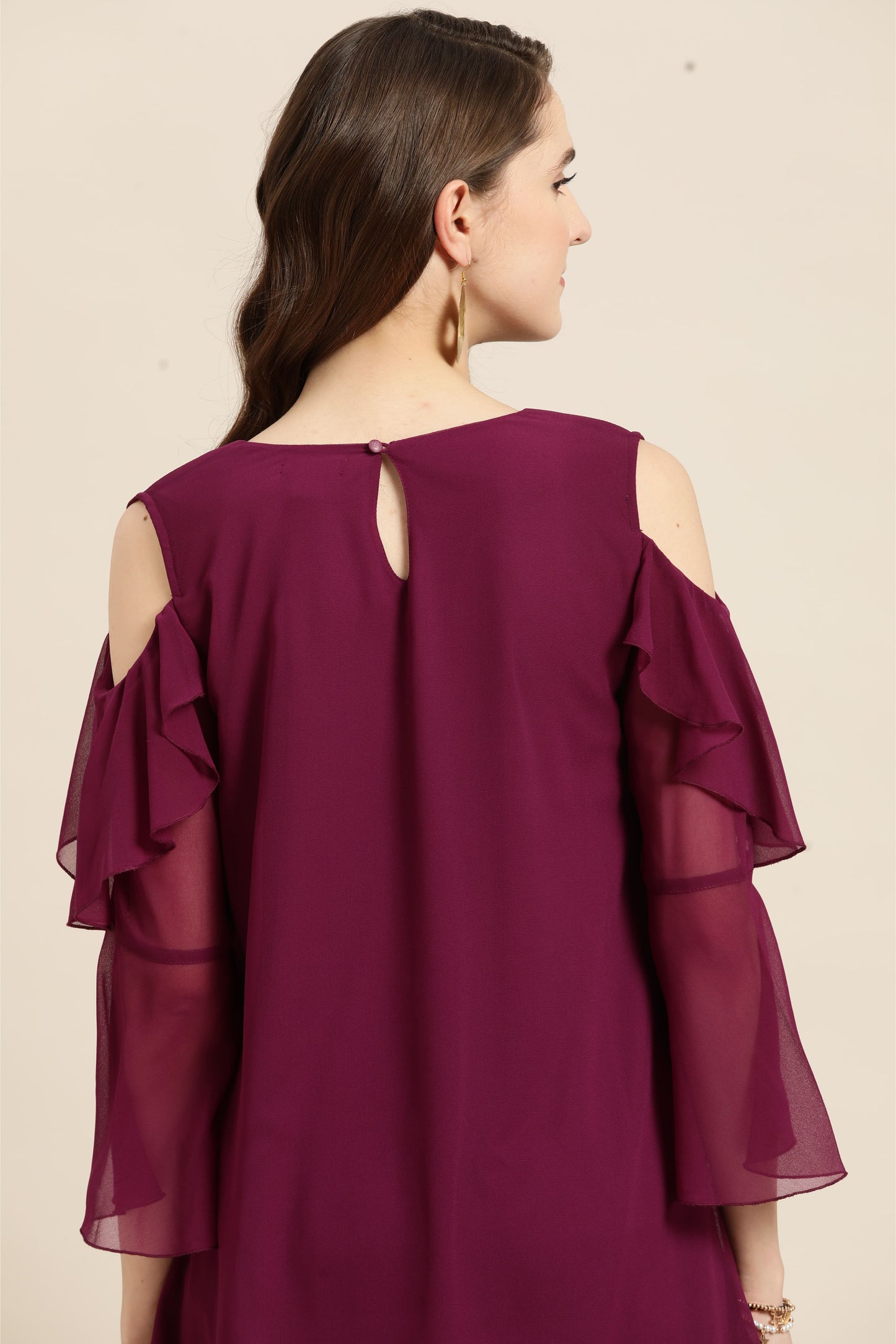 Solid Dark Purple Regular Fit V Neck Three Quarter Bell Sleeve Georgette Top