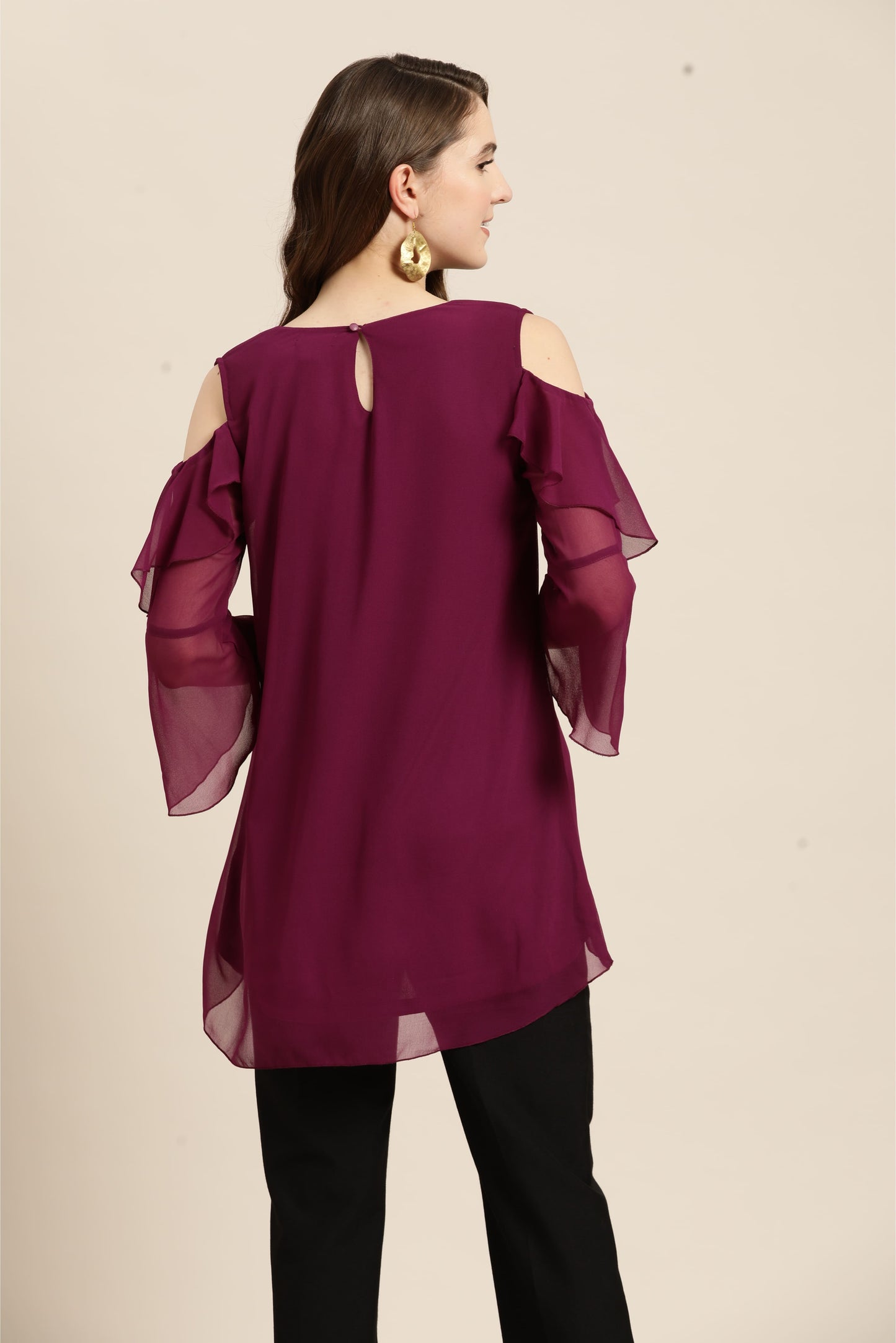 Solid Dark Purple Regular Fit V Neck Three Quarter Bell Sleeve Georgette Top