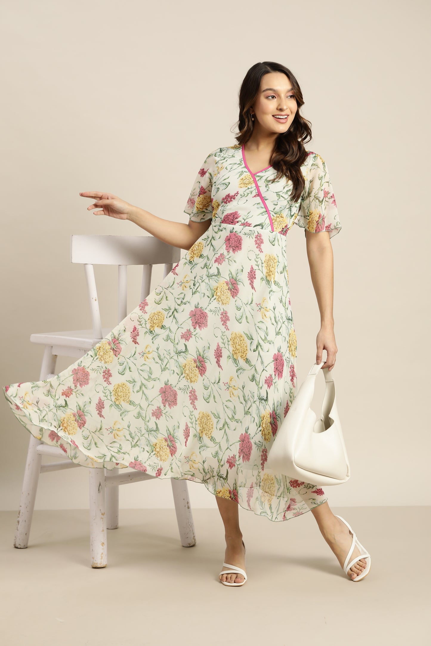 Pastels Floral Light Ivory Regular Fit V Neck Half Bell Sleeve Georgette Dress