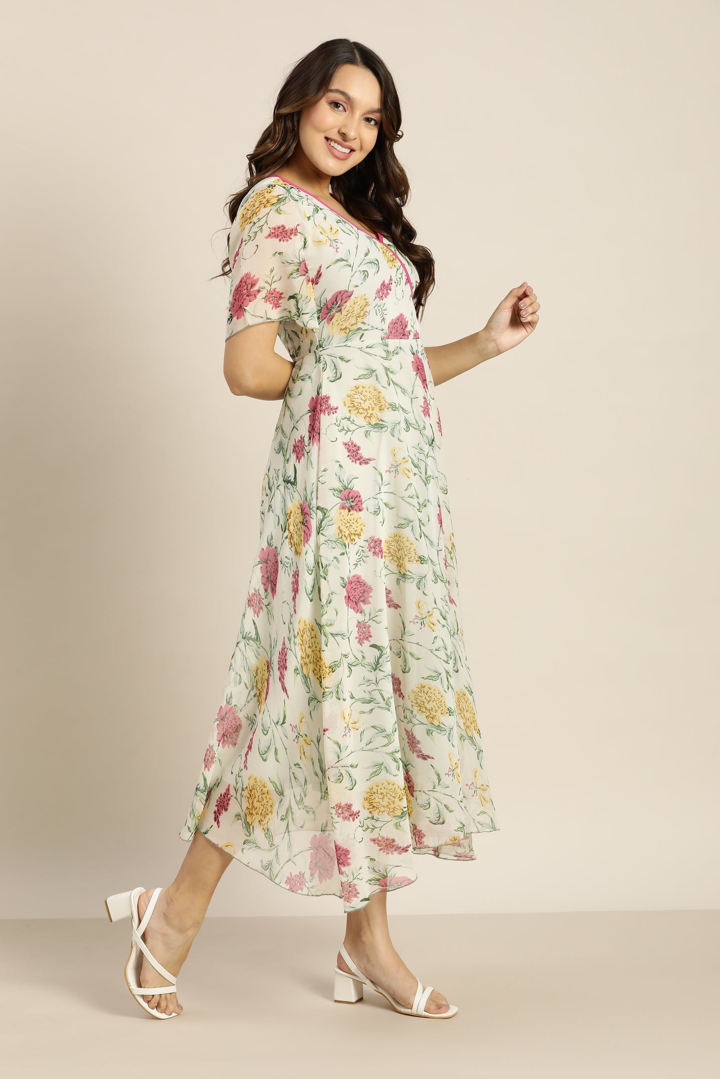 Pastels Floral Light Ivory Regular Fit V Neck Half Bell Sleeve Georgette Dress