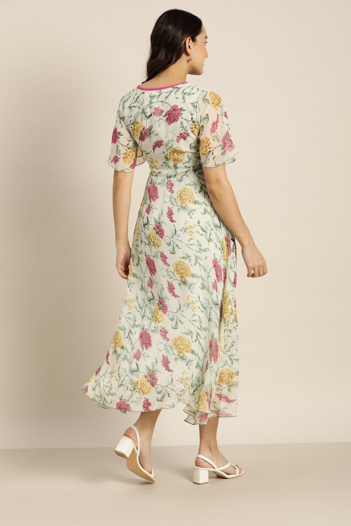 Pastels Floral Light Ivory Regular Fit V Neck Half Bell Sleeve Georgette Dress
