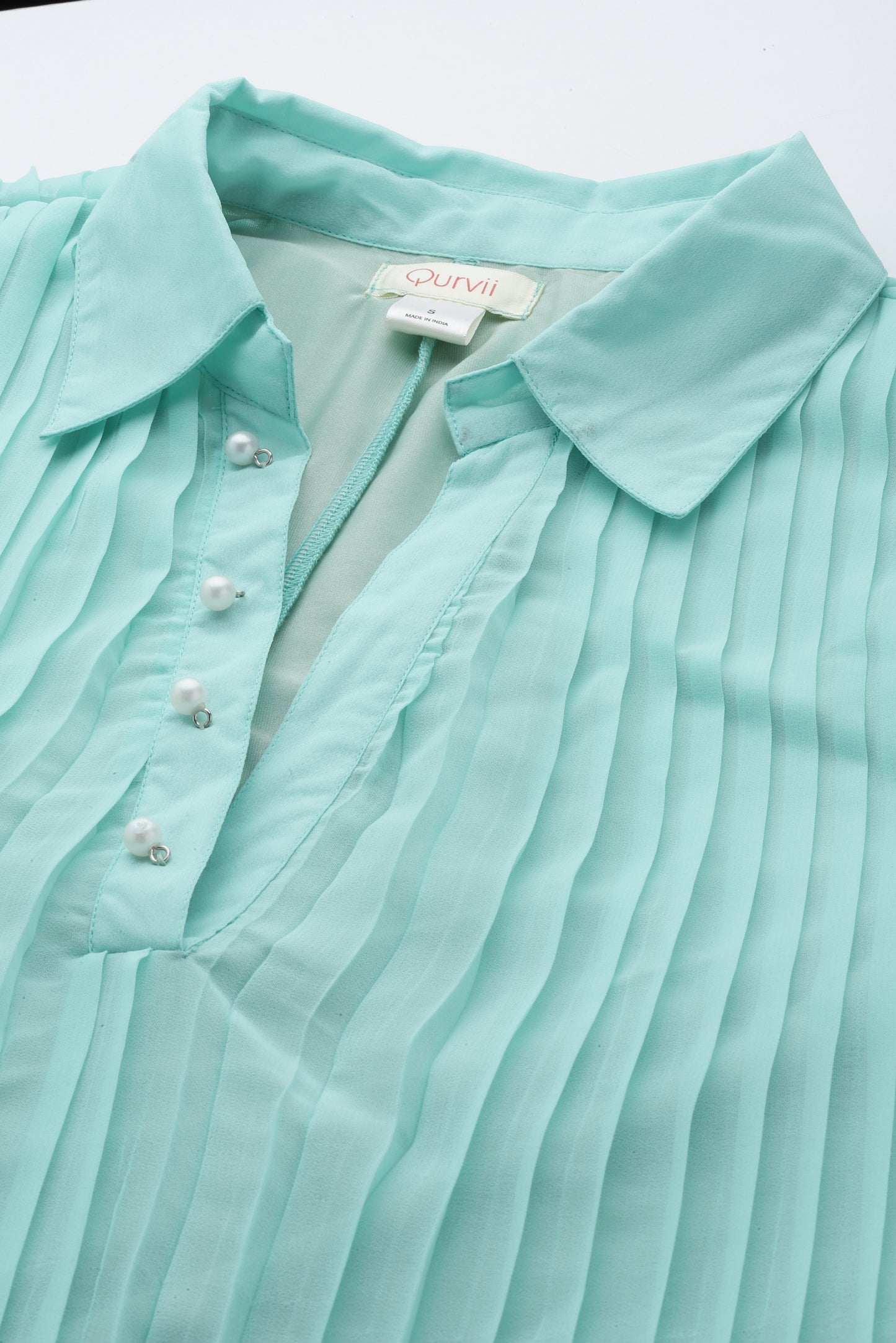 Solid Light Turquoise Regular Fit Button Front Full Cuff Sleeve Georgette Dress