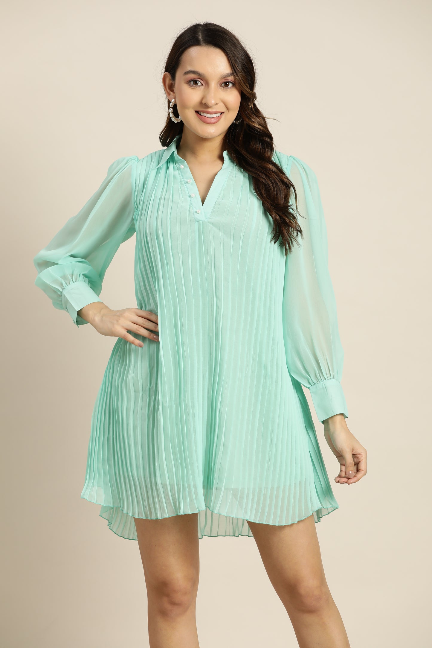 Solid Light Turquoise Regular Fit Button Front Full Cuff Sleeve Georgette Dress