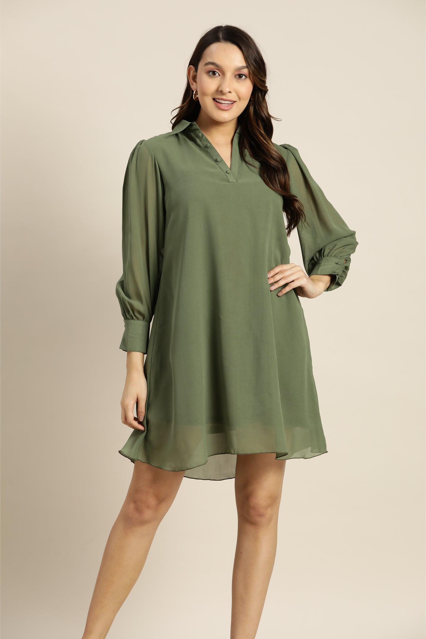Solid Dark Olive Regular Fit V Neck Full Cuff Sleeve Georgette Dress