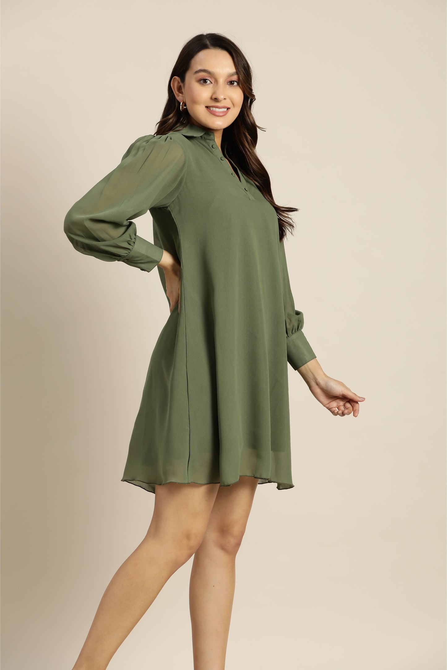 Solid Dark Olive Regular Fit V Neck Full Cuff Sleeve Georgette Dress