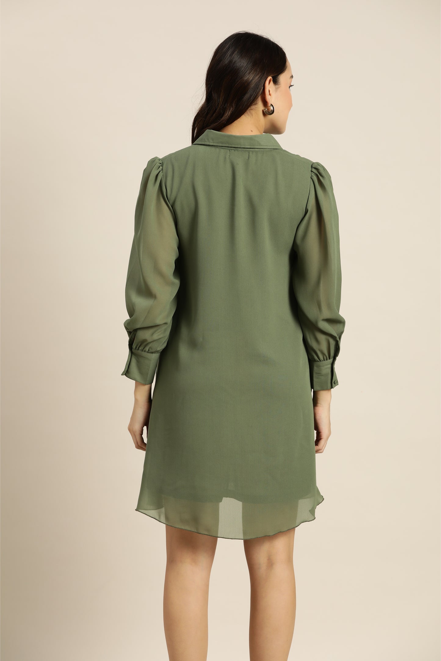 Solid Dark Olive Regular Fit V Neck Full Cuff Sleeve Georgette Dress