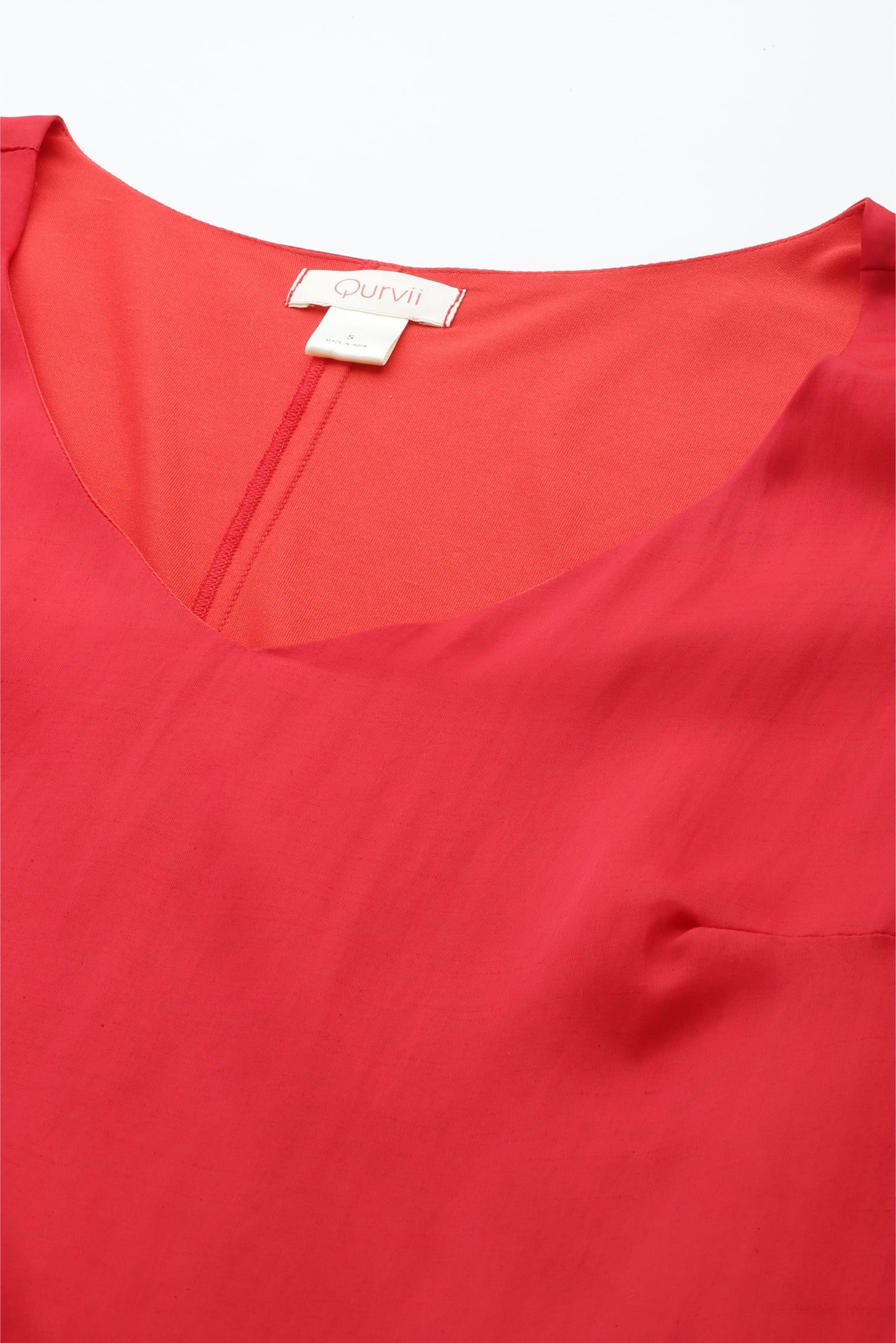 Solid Dark Red Regular Fit V Neck Half Bell Sleeve Silk Dress