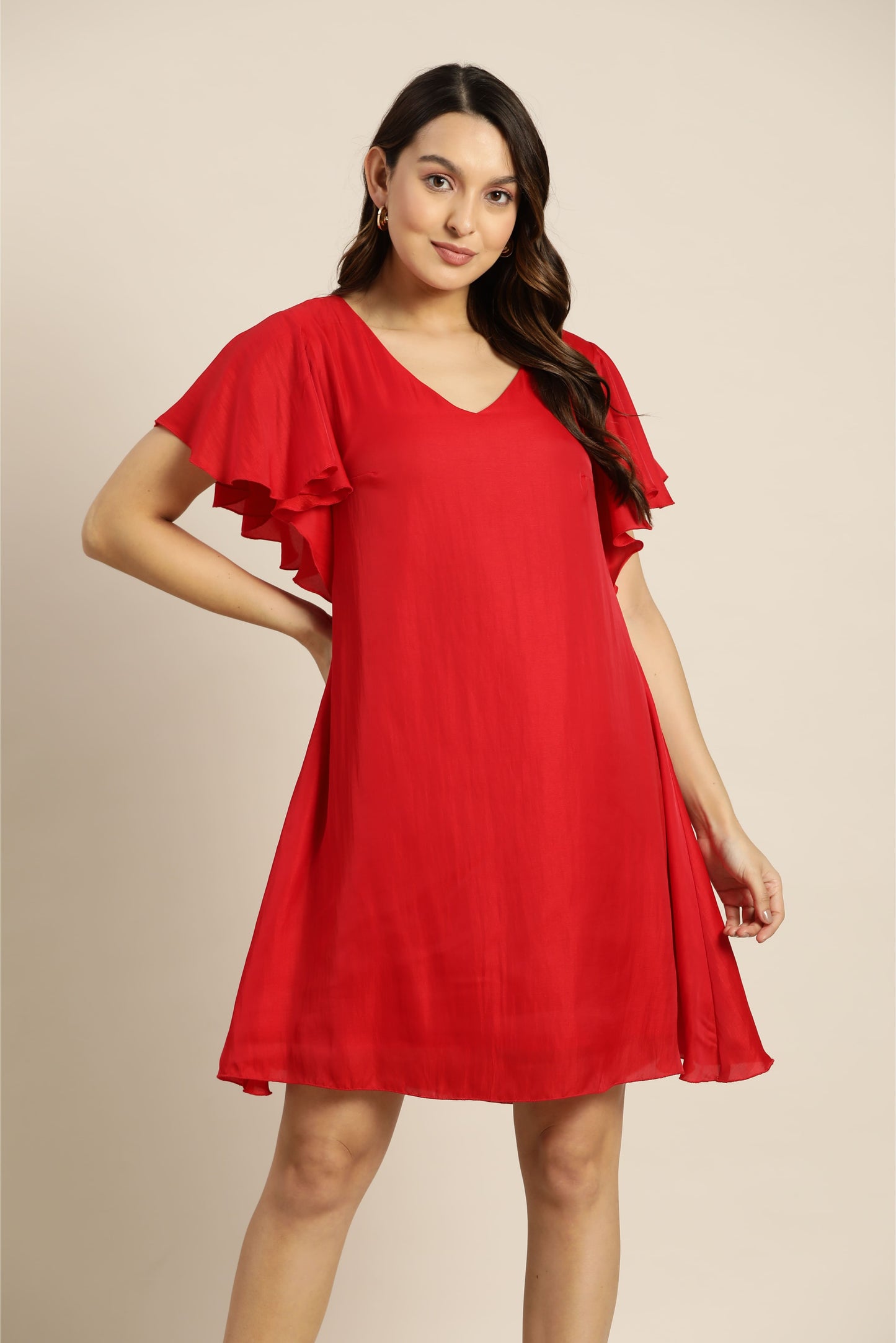 Solid Dark Red Regular Fit V Neck Half Bell Sleeve Silk Dress