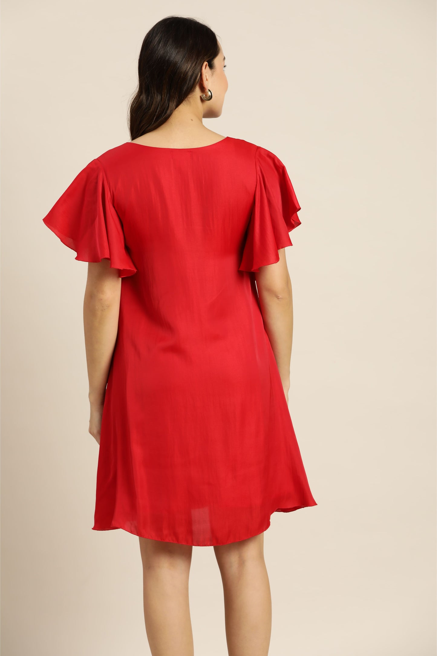 Solid Dark Red Regular Fit V Neck Half Bell Sleeve Silk Dress