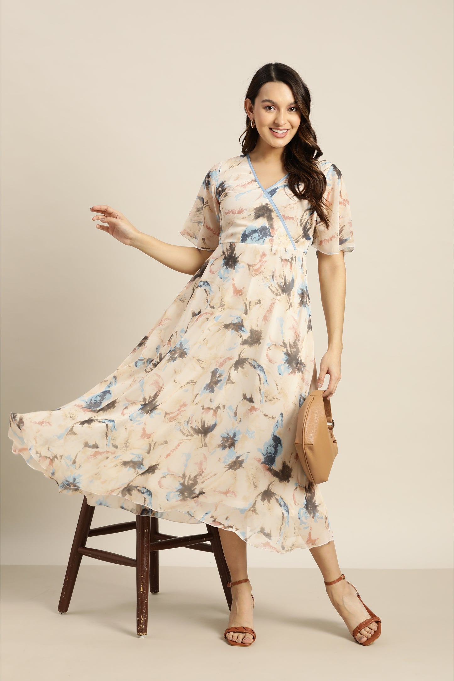 Beige floral Faux Wrap Around Dress