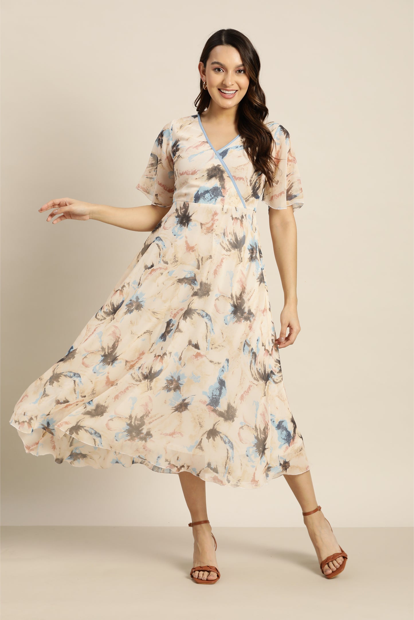 Beige floral Faux Wrap Around Dress