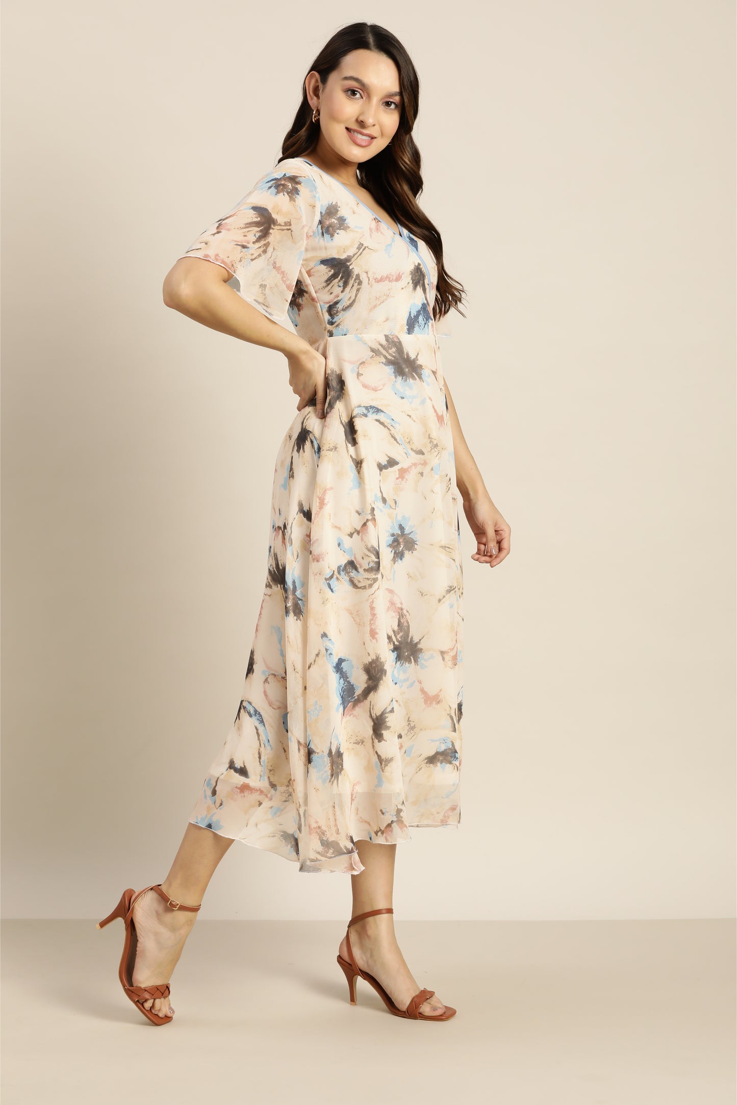 Beige floral Faux Wrap Around Dress