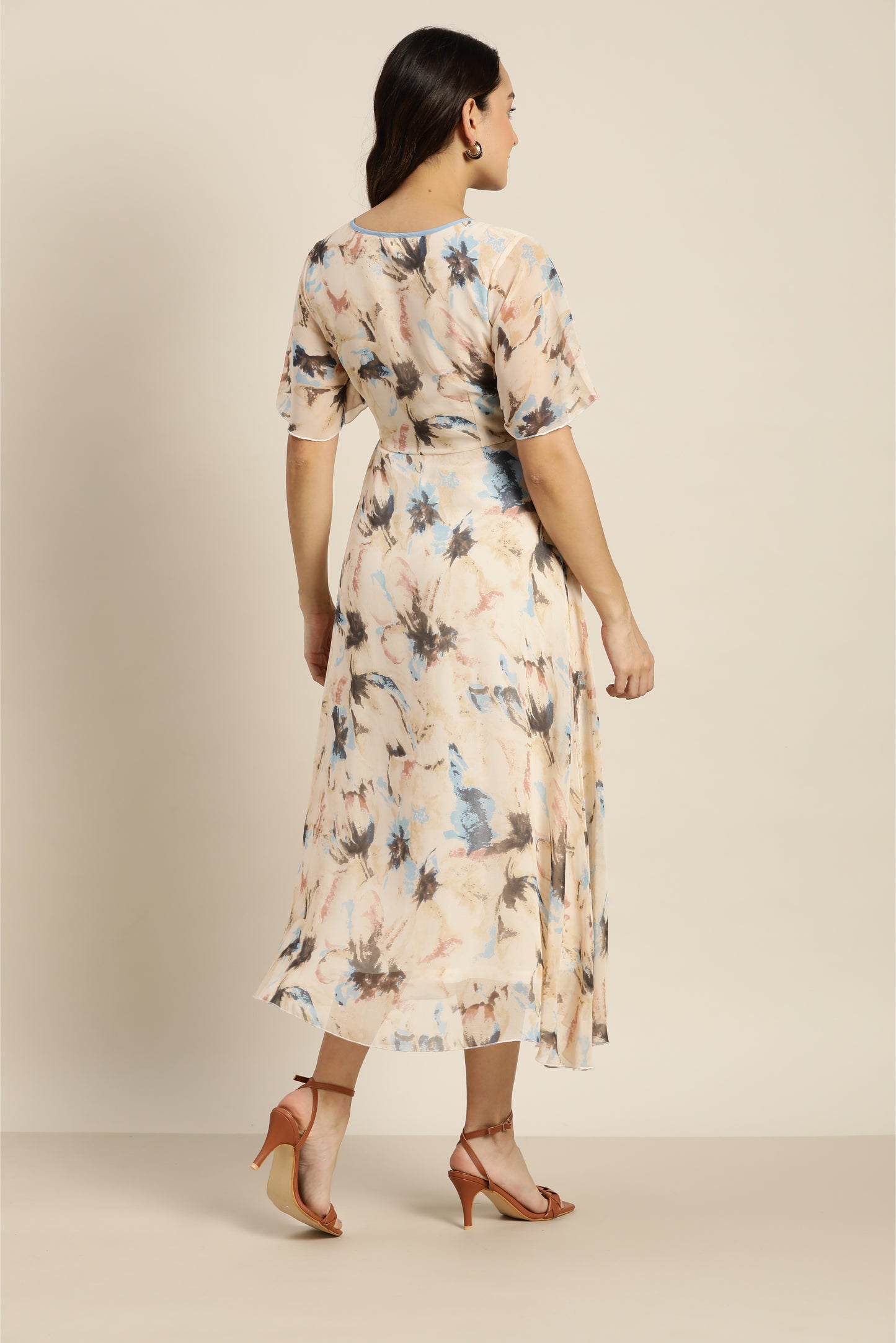 Beige floral Faux Wrap Around Dress