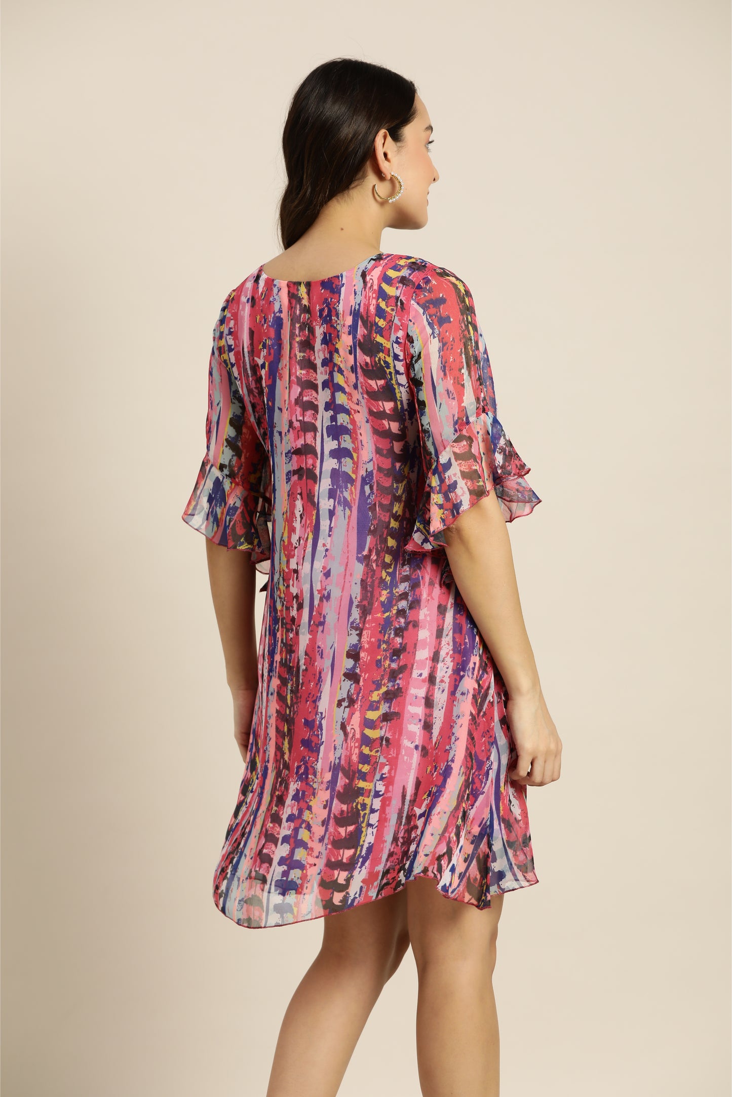 Pink abstract water color print A-line dress