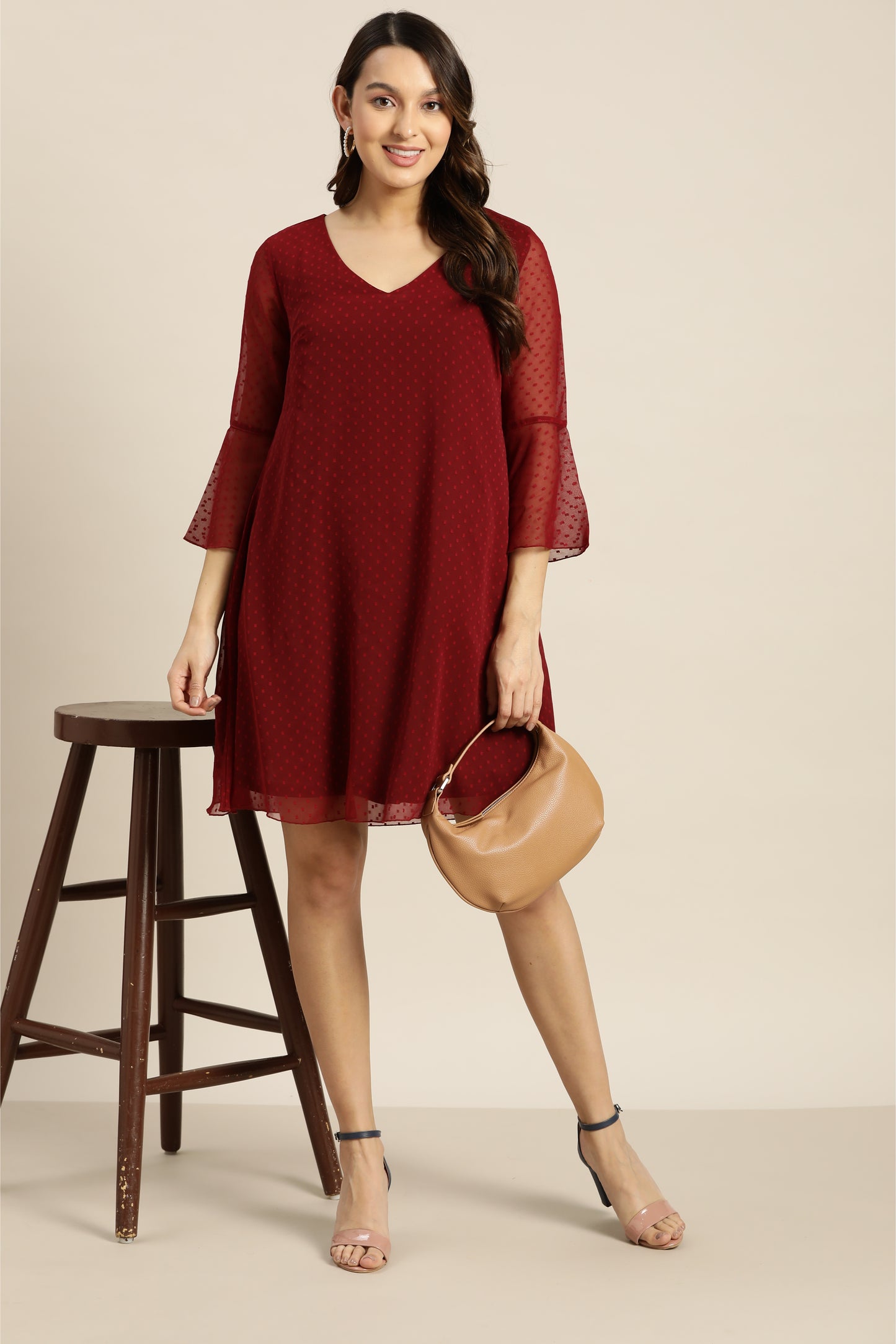 Maroon swiss dot A-line dress