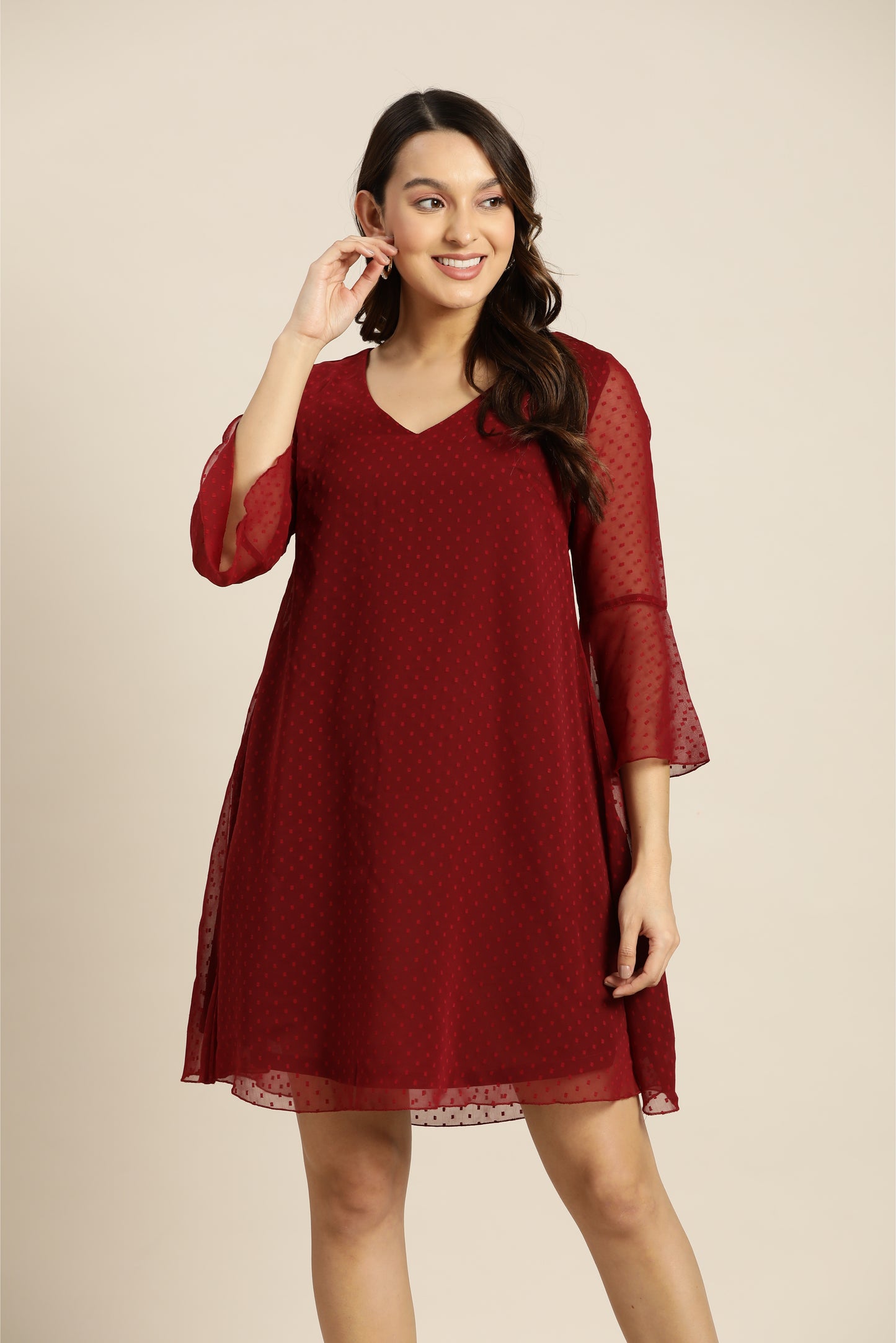 Maroon swiss dot A-line dress