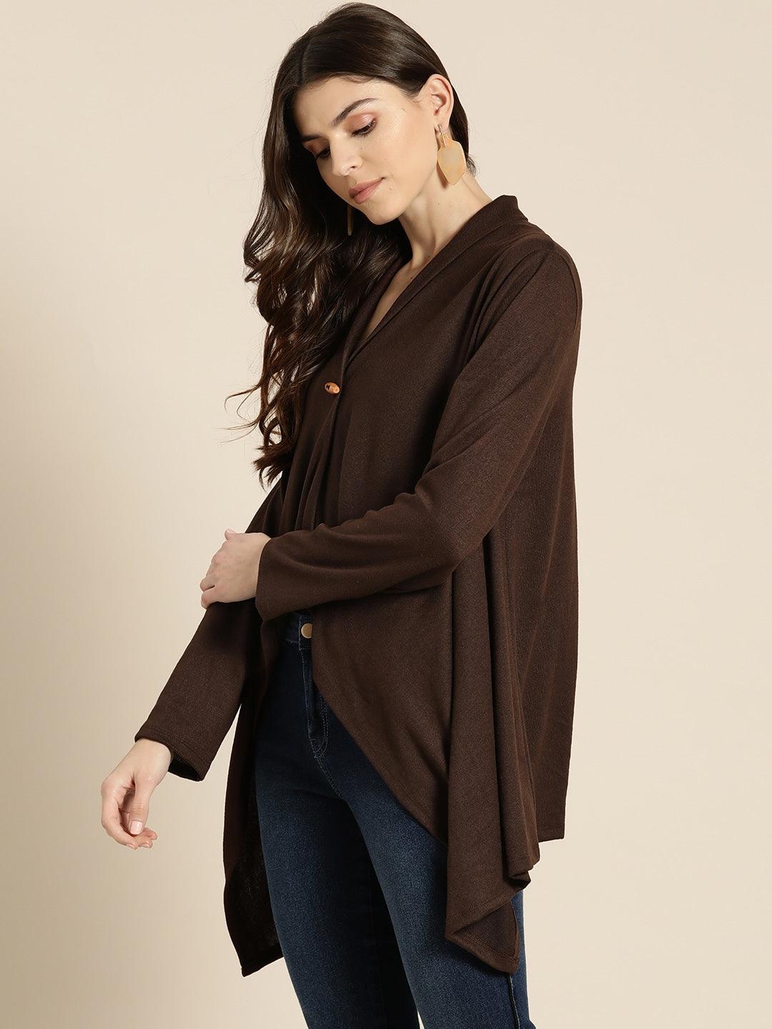 Qurvii Women Coffee Brown Solid Toggle Shrug - Qurvii India