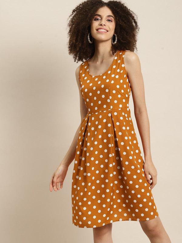 polka dot Light Orange Slim Fit Round Neck Crepe Dress